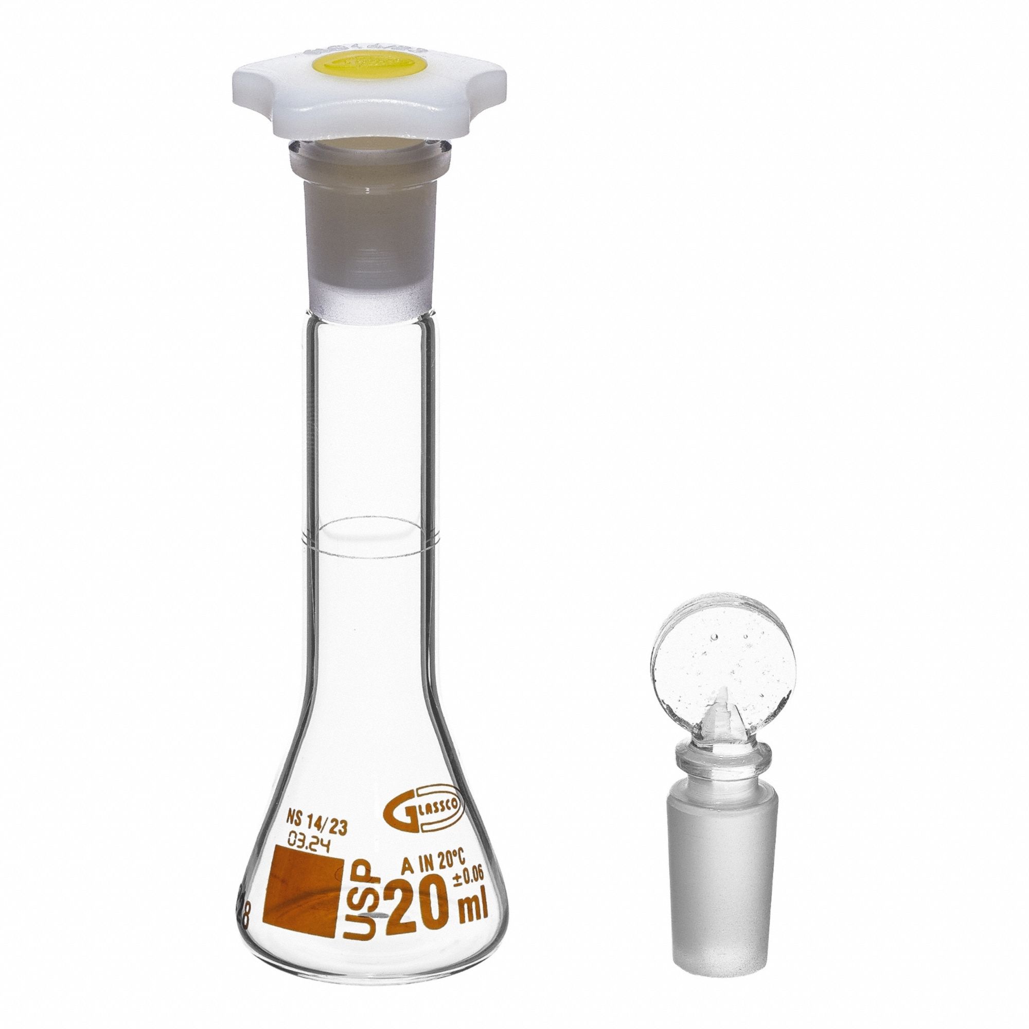 UNITED SCIENTIFIC SUPPLIES INC Glass Flasks: 20 mL, Colorless, Round, A, +/-0.06 mL (MPN FGWM020). Key specifications — Shape: Round; Tolerance: +/-0.06 mL; Body Color: Colorless; Brand: UNITED SCIENTIFIC SUPPLIES INC; Compatible with Stopper Size: 14/23; USP Specification: Type I.