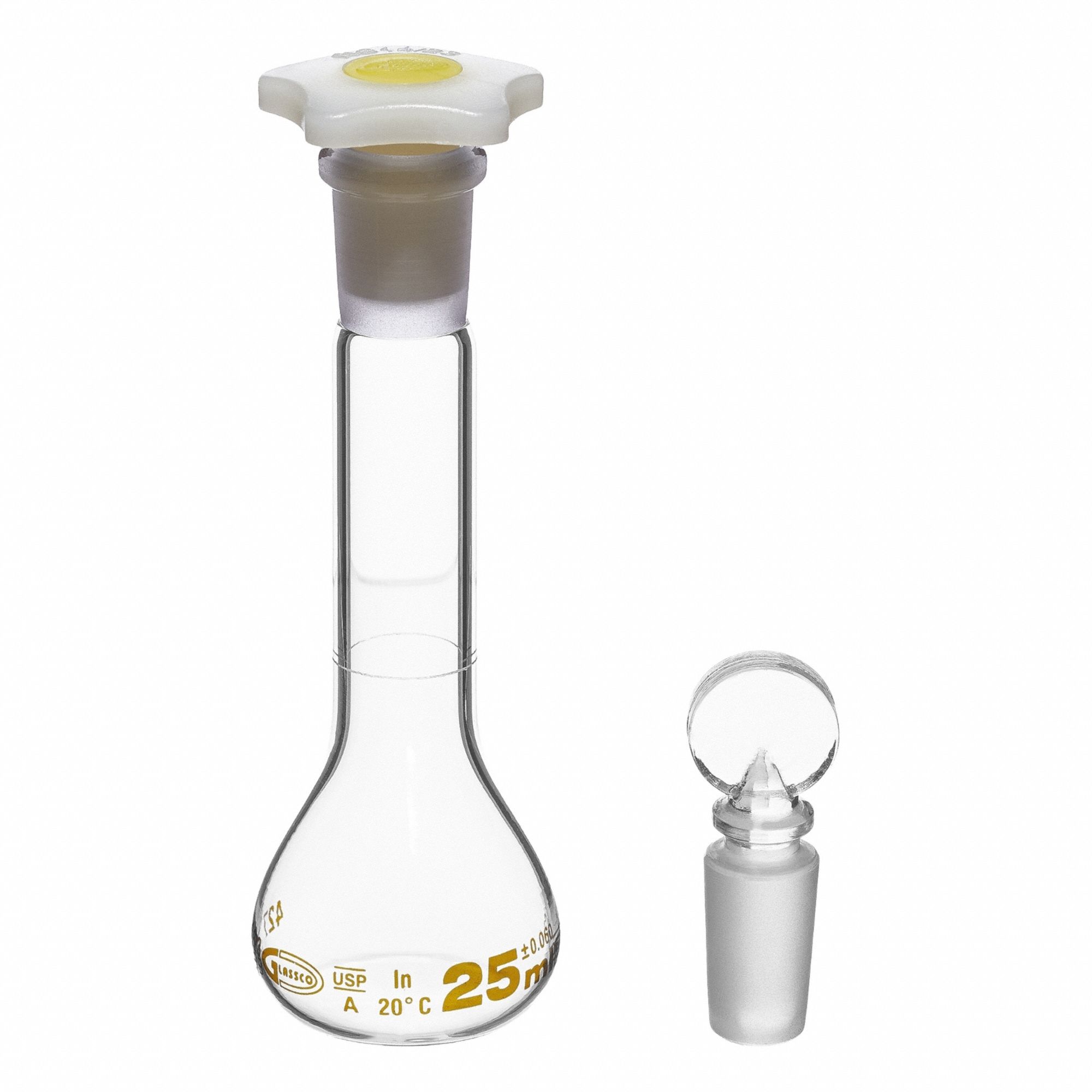 UNITED SCIENTIFIC SUPPLIES INC Glass Flasks: 25 mL, Colorless, Round, A, +/-0.06 mL (MPN FGWM025). Key specifications — Shape: Round; Tolerance: +/-0.06 mL; Body Color: Colorless; Brand: UNITED SCIENTIFIC SUPPLIES INC; Compatible with Stopper Size: 14/23; USP Specification: Type I.