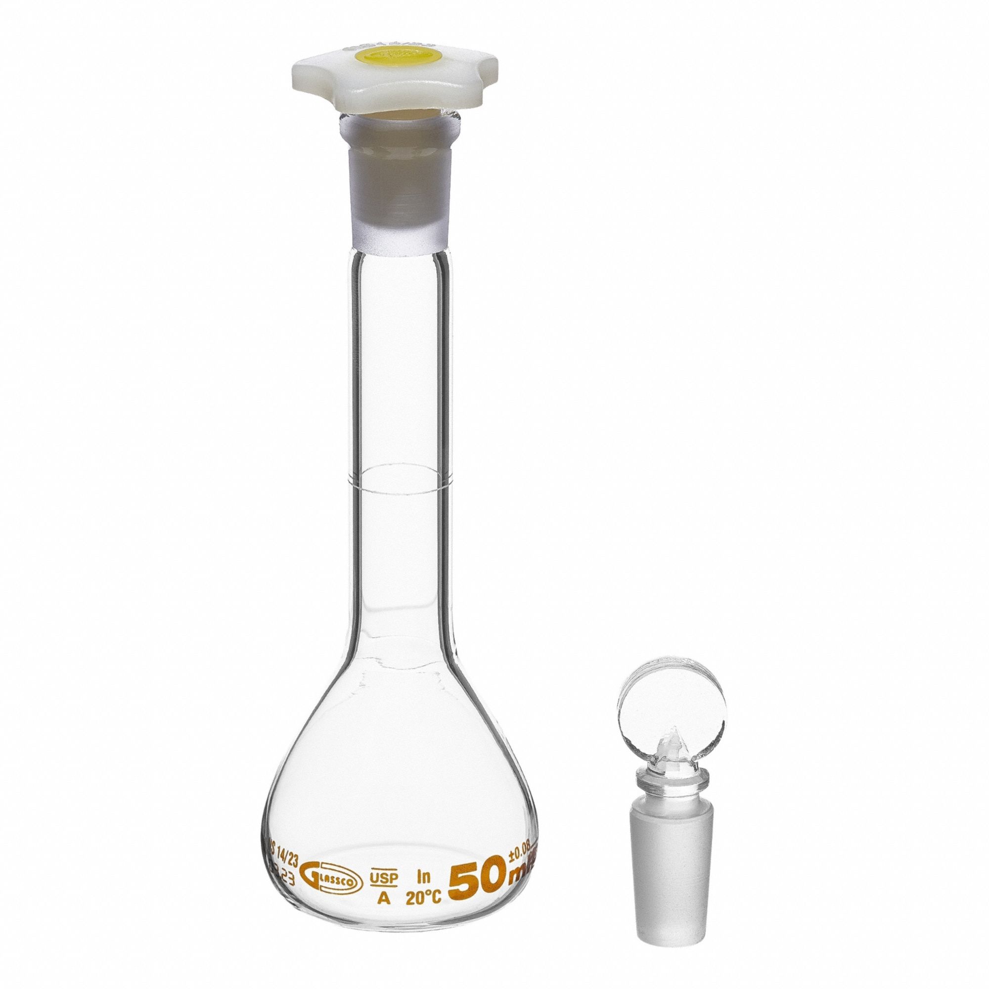 UNITED SCIENTIFIC SUPPLIES INC Glass Flasks: 50 mL, Colorless, Round, A, +/-0.08 mL (MPN FGWM050). Key specifications — Shape: Round; Tolerance: +/-0.08 mL; Body Color: Colorless; Brand: UNITED SCIENTIFIC SUPPLIES INC; Compatible with Stopper Size: 14/23; USP Specification: Type I.