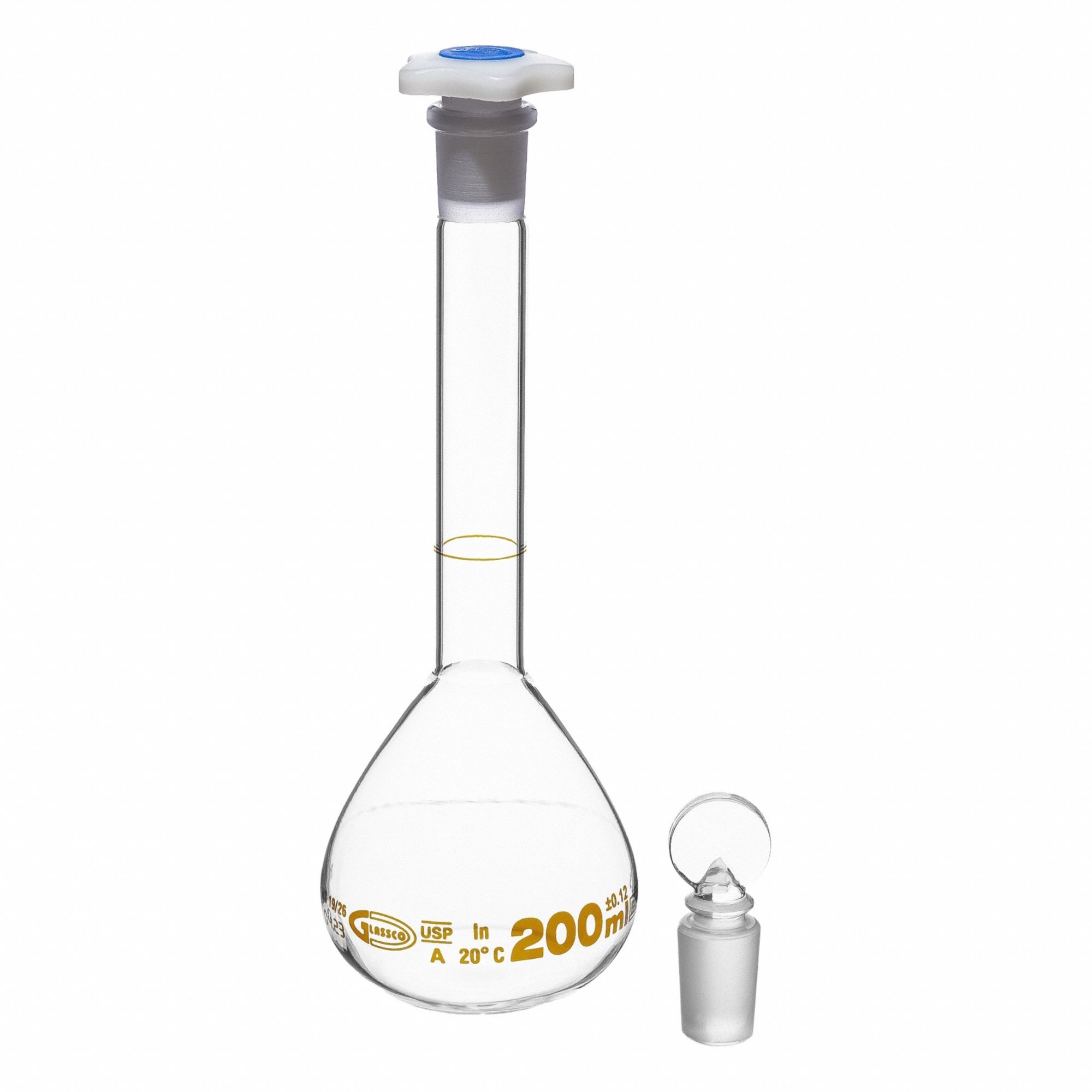 UNITED SCIENTIFIC SUPPLIES INC Glass Flasks: 200 mL, Colorless, Round, A, +/-0.12 mL (MPN FGWM200). Key specifications — Shape: Round; Tolerance: +/-0.12 mL; Body Color: Colorless; Brand: UNITED SCIENTIFIC SUPPLIES INC; Compatible with Stopper Size: 19/26; USP Specification: Type I.