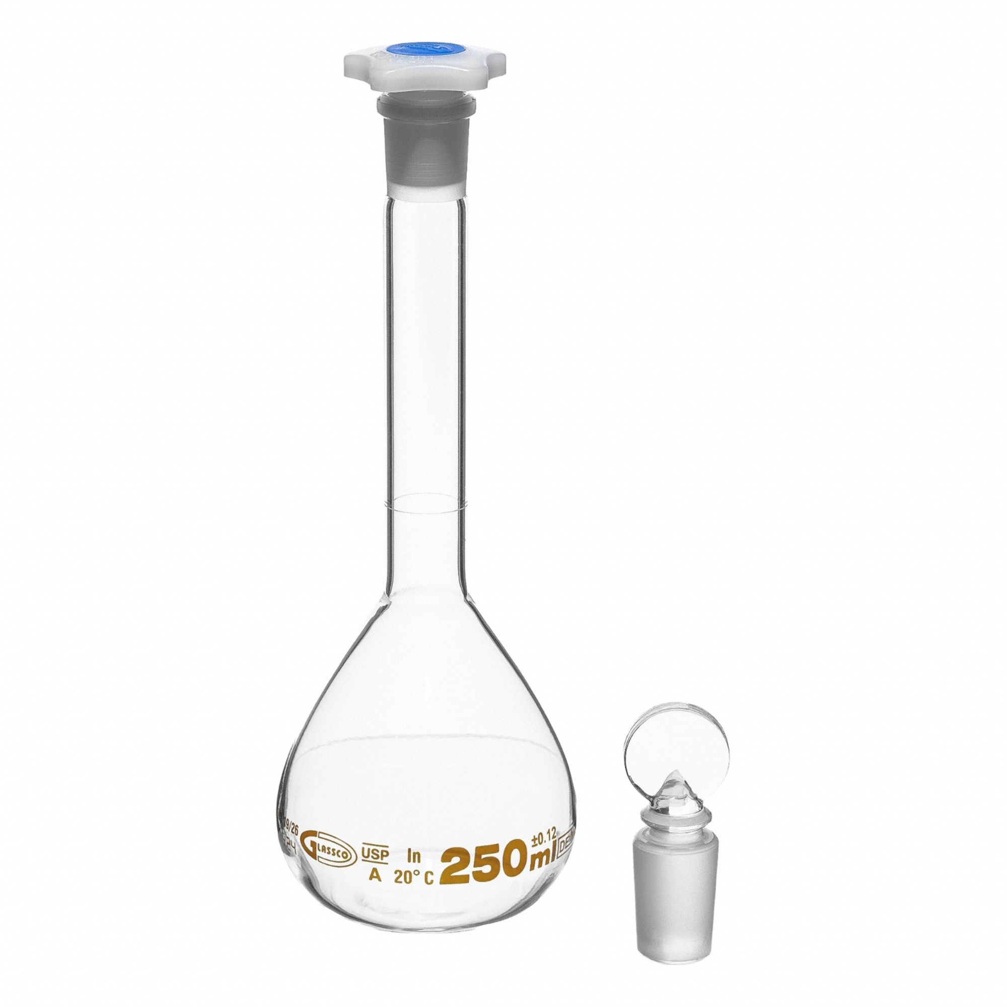 UNITED SCIENTIFIC SUPPLIES INC Glass Flasks: 250 mL, Colorless, Round, A, +/-0.12 mL (MPN FGWM250). Key specifications — Shape: Round; Tolerance: +/-0.12 mL; Body Color: Colorless; Brand: UNITED SCIENTIFIC SUPPLIES INC; Compatible with Stopper Size: 19/26; USP Specification: Type I.