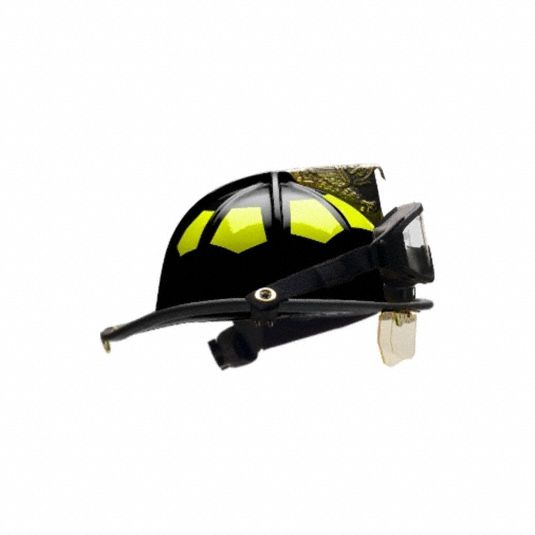 BULLARD Fire Helmet: Black, Fiberglass, Chin Strap (MPN UL6BKBRK2). Key specifications — Color: Black; Chin Strap: Yes; Brand: BULLARD; Shell Material: Fiberglass; Suspension: 6 Point Sure Lock® Ratchet Headband with Brow Pad.