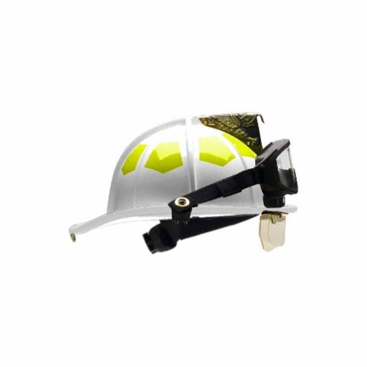 BULLARD Fire Helmet: White, Fiberglass, Chin Strap (MPN UL6WH6LR319GIZ2). Key specifications — Color: White; Chin Strap: Yes; Brand: BULLARD; Shell Material: Fiberglass; Suspension: 6 Point Sure Lock® Ratchet Headband with Brow Pad.