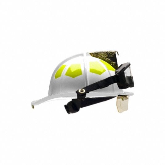 BULLARD Fire Helmet: White, Fiberglass, Chin Strap (MPN UL6WHBRK2). Key specifications — Color: White; Chin Strap: Yes; Brand: BULLARD; Shell Material: Fiberglass; Suspension: 6 Point Sure Lock® Ratchet Headband with Brow Pad.