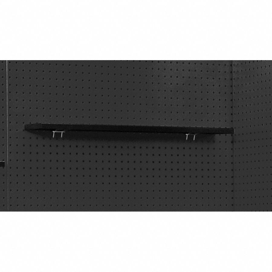 Pegboard Shelf: For Round Pegboard Hole Shape, 20 in x 5 in x 1 in, Steel, Black