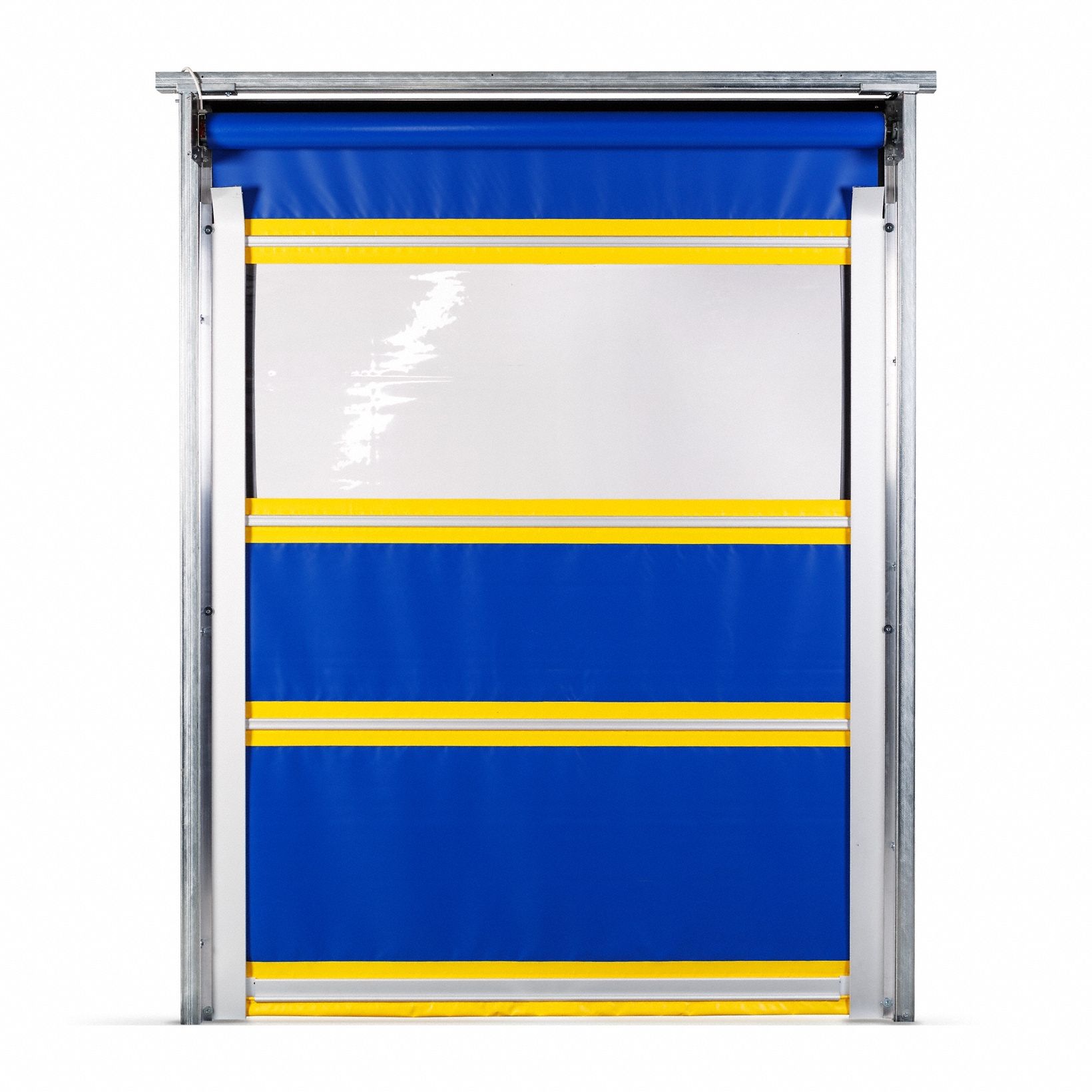 Curtain Door: Coated PVC, 12 ft x 12 ft, Motorized Roll Up, Blue/Yellow, Wall Mount