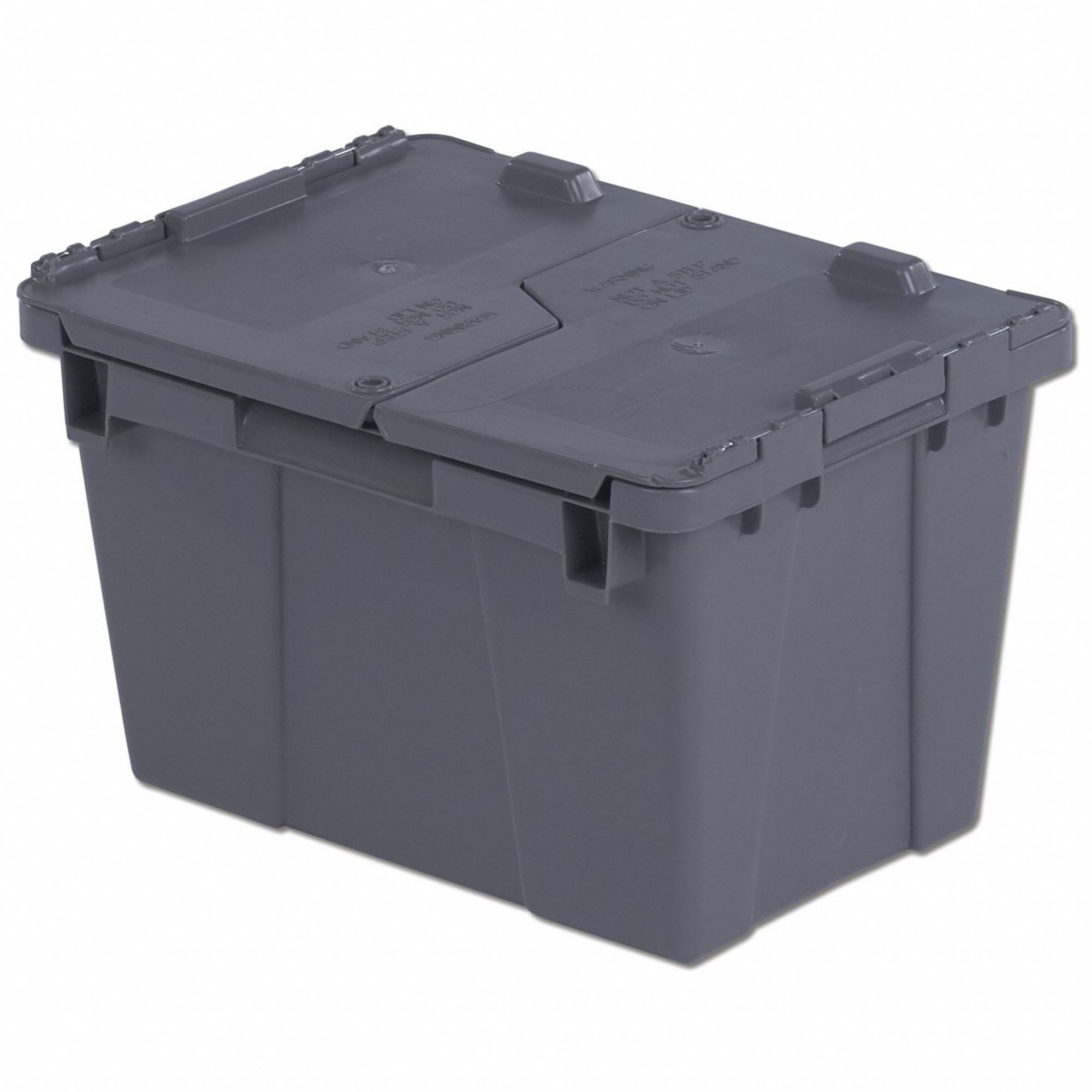 Attached Lid Tote: 4.5 gal, 15 1/4 in x 10 7/8 in x 9 7/8 in, Gray Body, Gray Lid, Plastic