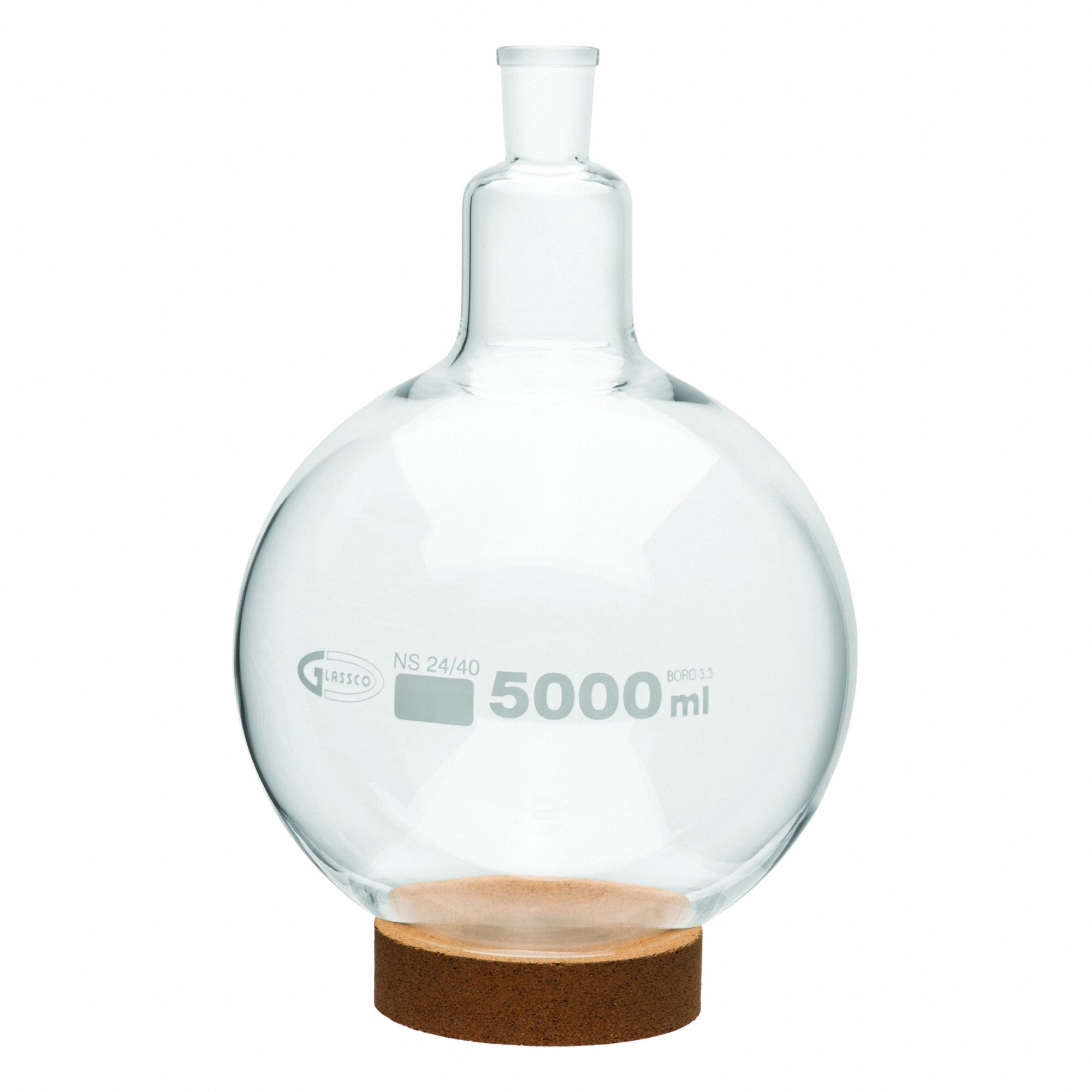 UNITED SCIENTIFIC SUPPLIES INC Glass Flasks: 5,000 mL, Colorless, Round, Includes Closure (MPN FRB057-5000). Key specifications — Shape: Round; Body Color: Colorless; Brand: UNITED SCIENTIFIC SUPPLIES INC; Compatible with Stopper Size: 24/40; USP Specification: Type I.