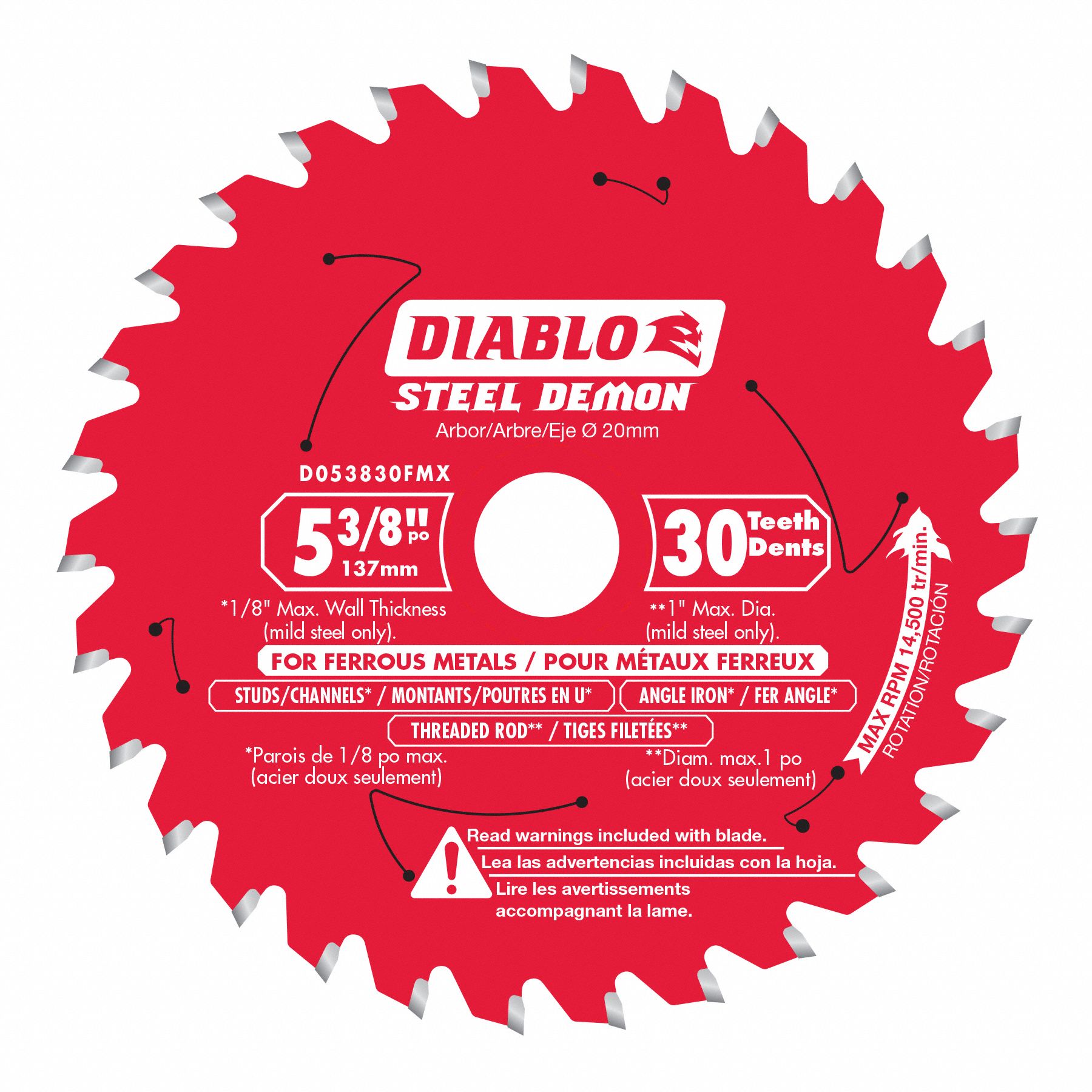 CIRCULAR SAW BLADE, CARBIDE, 5⅜ IN DIA, 30 TEETH, 4/5 IN, 6000 RPM, FOR STEEL STUDS/ROD