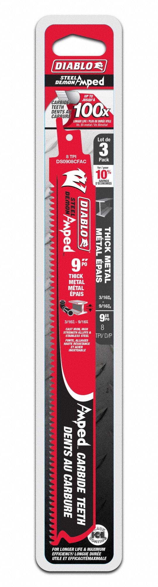 LAME DE SCIE ALTERNATIVE, CARBURE, 9X1X0,01 PO, 8 DENTS/PO, DROITE, METAL/TUBE EN ANGLE, PQT DE 3