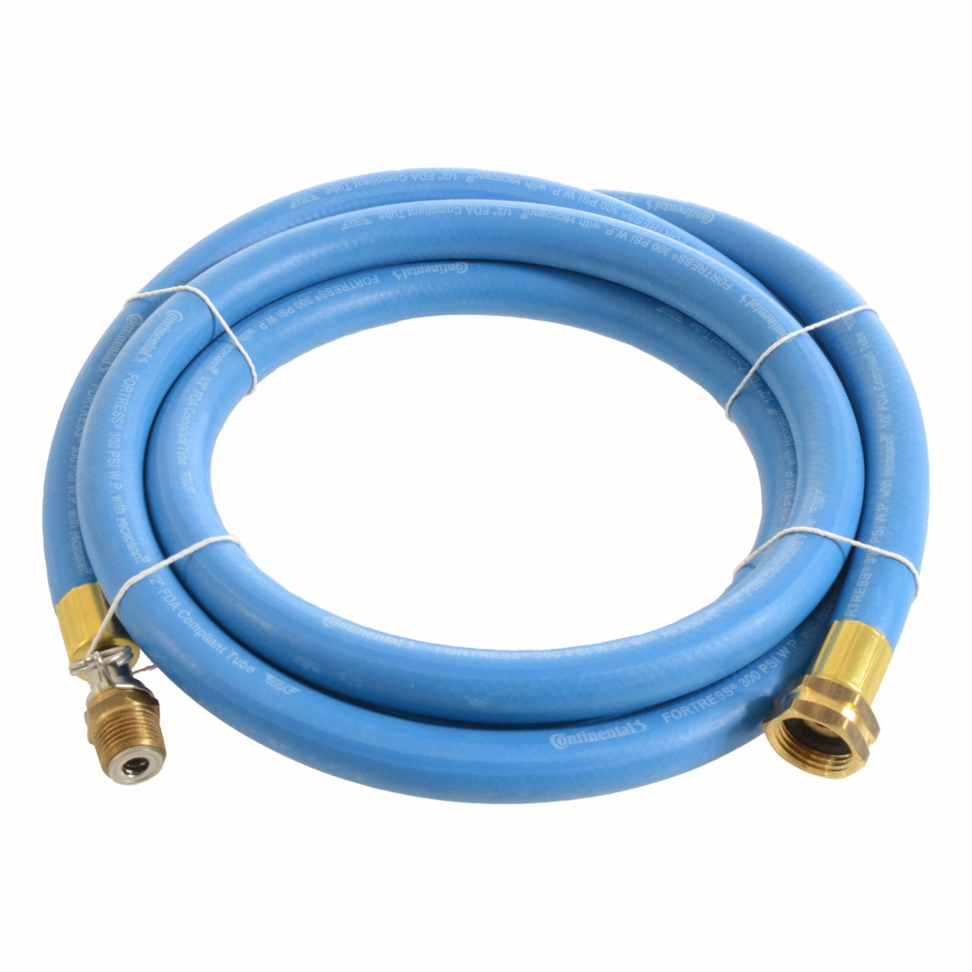 Washdown Hose: 1/2 in Hose Inside Dia., 300 psi, -20° to 210°F, Blue, 10 ft Hose Lg, Brass