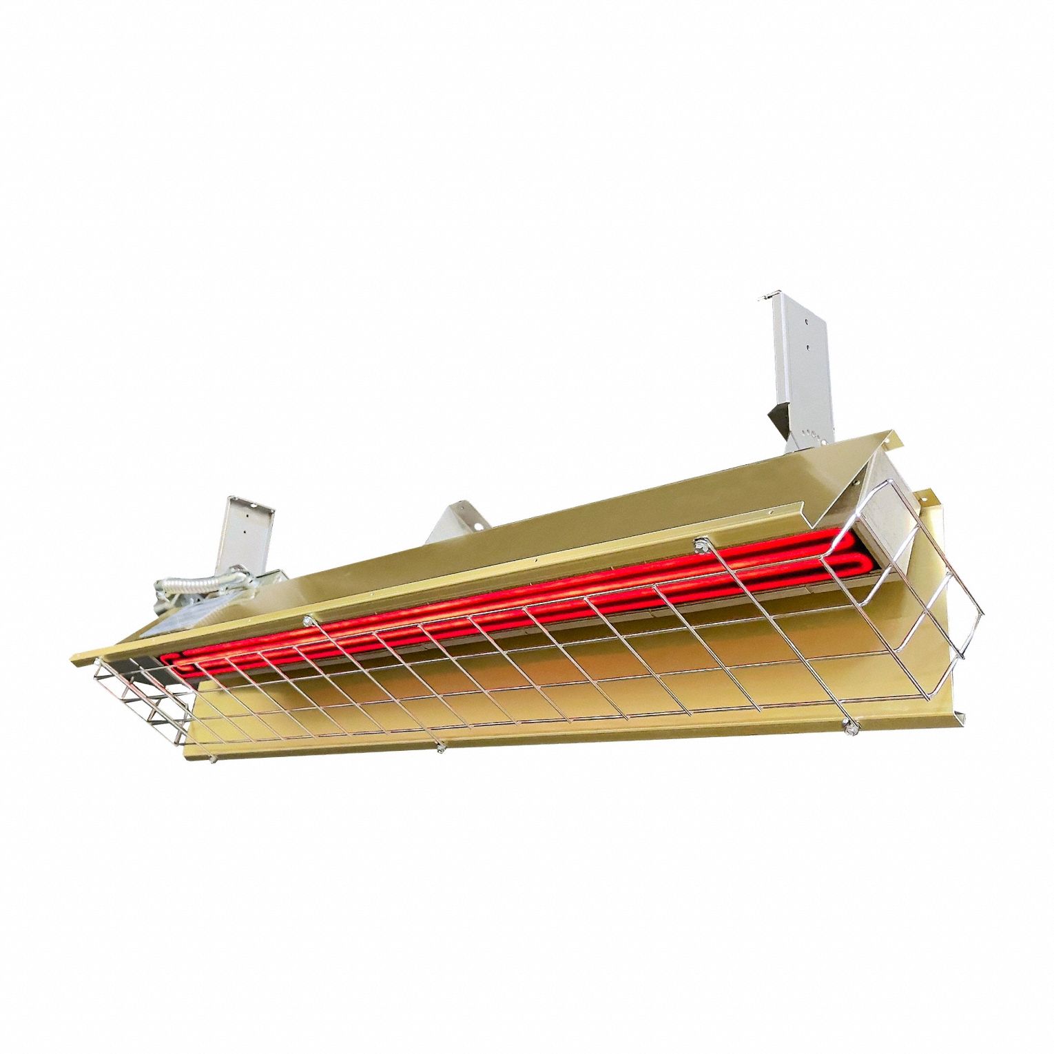 FOSTORIA Electric Infrared Heater: 1450 W Watt Output, 120V AC, 1 Phase, Hardwired, 60° Beam Pattern (MPN E14-FSS-1). Key specifications — Wattage Output: 1450 W; Voltage: 120V AC; Brand: FOSTORIA; Electrical Connection: Hardwired; Element Type: Flat Panel Emitter; Housing Color: Gold; Housing Material: Aluminum; Overall Dimensions - L x W x D: 26 in x 9 in x 8-1/2 in.