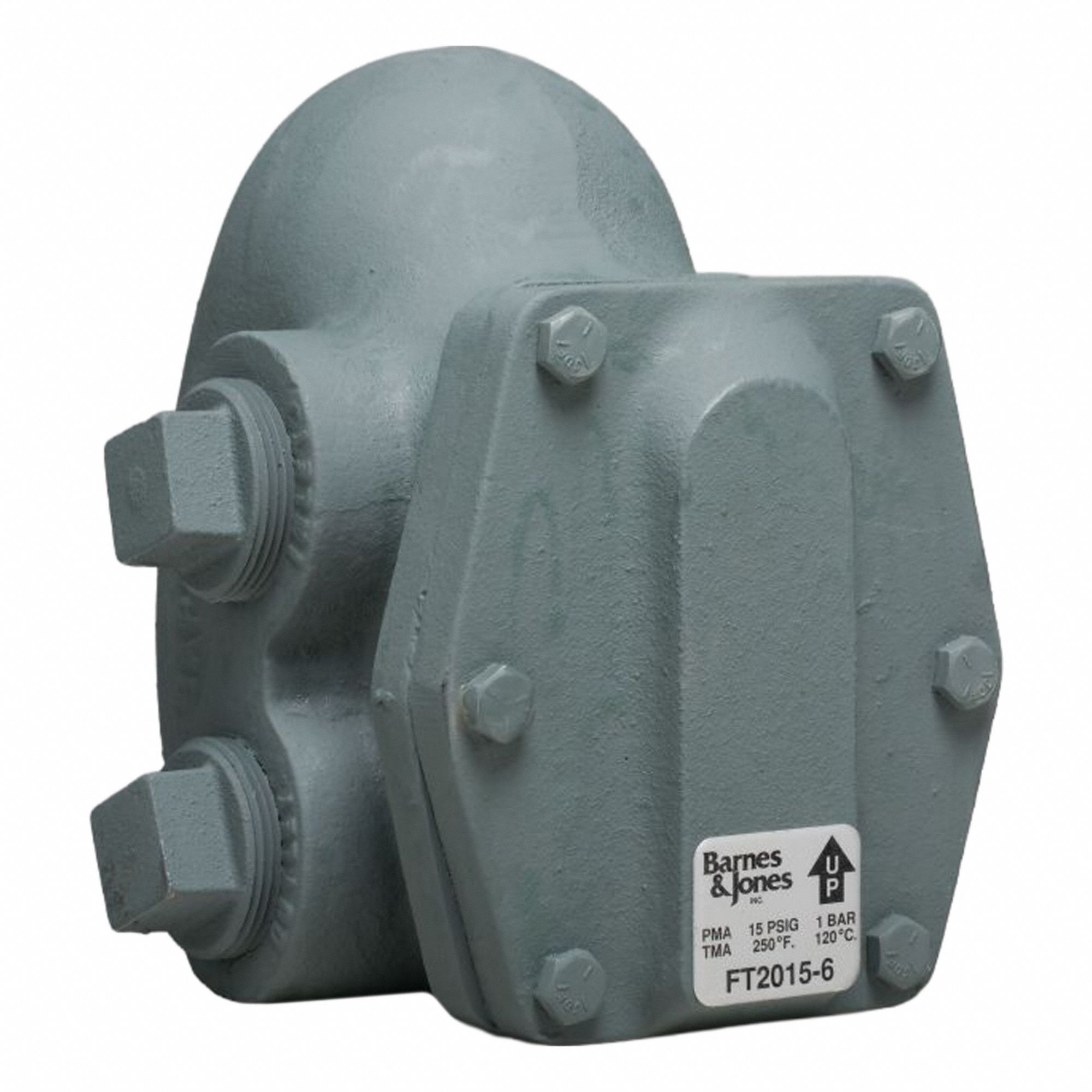 Steam Trap: Cast Iron, 1 1/2 in FNPT, 7,980 lb/hr, 15 psig Max., 345°F Max., H Pattern (MPN FT2015-6). Key specifications — Brand: BARNES & JONES; Installation Orientation: Horizontal; Float Material: Stainless Steel; Manufacturer Series: A.