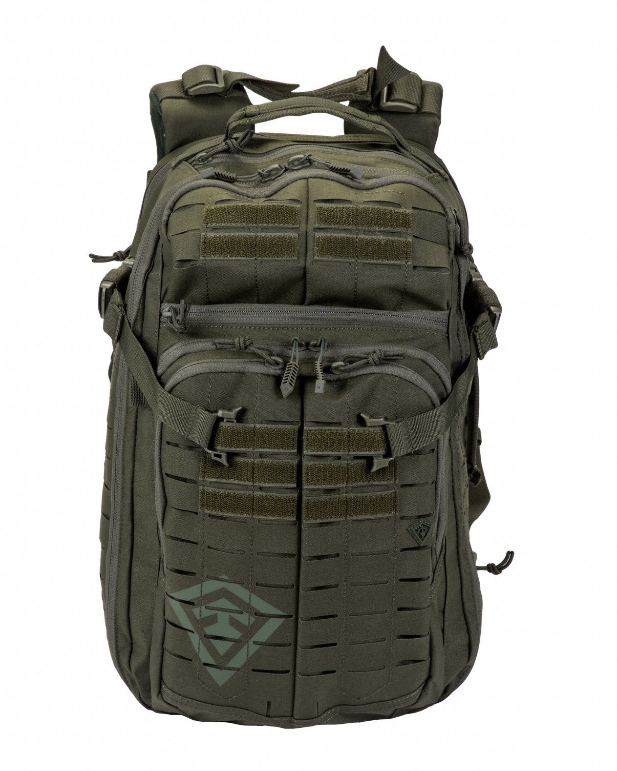 Tactical Backpack: OD Green, 500D, 1000D Nylon, 2, 470 cu in Holds, Universal