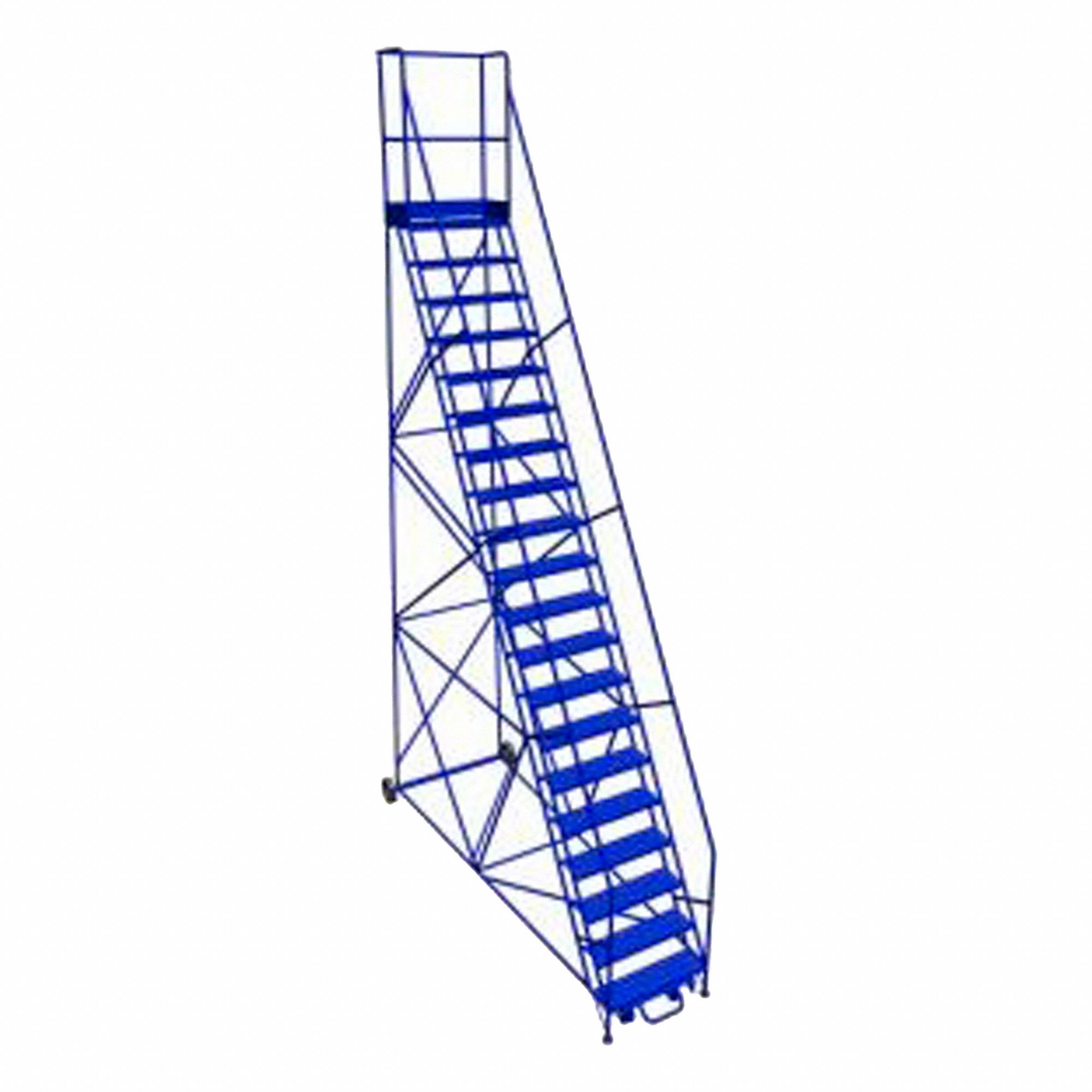 ROLLING AND CANTILEVER LADDER, BLUE, 125 IN D X 222 IN H, STEEL, POWDER COATED FINISH, UNASSEMBLED