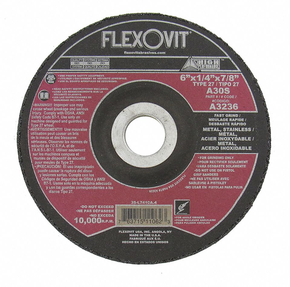 FLEXOVIT GRINDING WHEEL, 30 GRIT, TYPE 27, 10,000 RPM, 6 X 1/4 IN, 7/8 IN  ARBOR, ALUMINUM OXIDE - Depressed Center Wheels - FVTA3236
