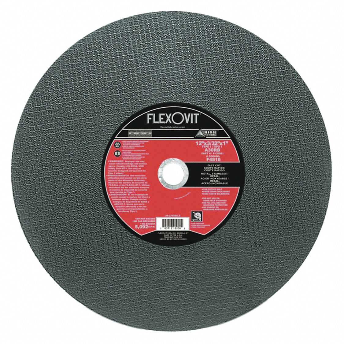 CUT-OFF WHEEL, FOR METAL/STAINLESS STEEL, BURR-FREE, TYPE 1, 30 GRIT, 5,092 RPM, 12 X 3/32 X 1 IN