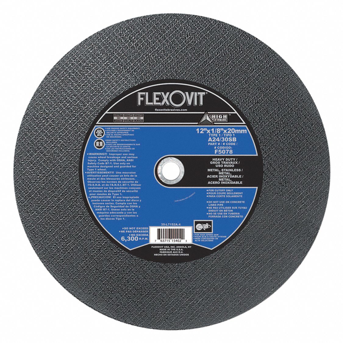 CUT-OFF WHEEL, HEAVY-DUTY, REINFORCED, TYPE 1, 24 GRIT, 6,300 RPM, 12 X 1/8 X 20 MM