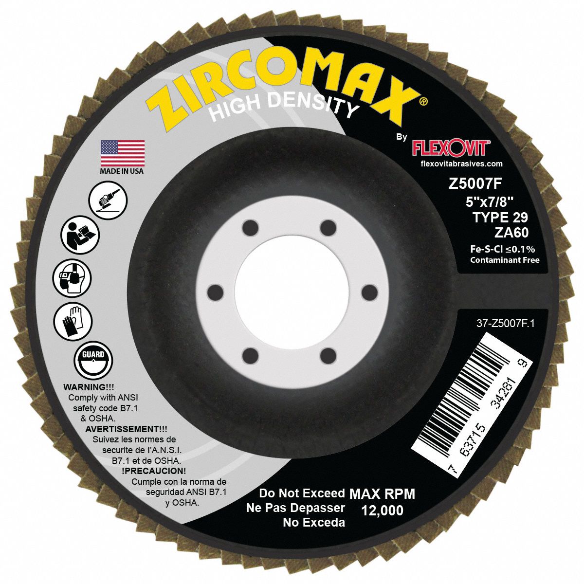 FLEXOVIT FLAP SANDING DISC, ZIRCOTEX PREM, EFFICIENT, TYPE 29, 60 GRIT ...