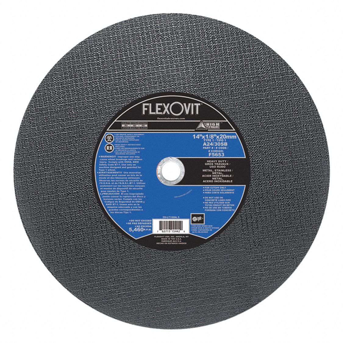 CUT-OFF WHEEL, HEAVY-DUTY, REINFORCED, TYPE 1, 30 GRIT, 5,460 RPM, 14 X 1/8 X 20 MM