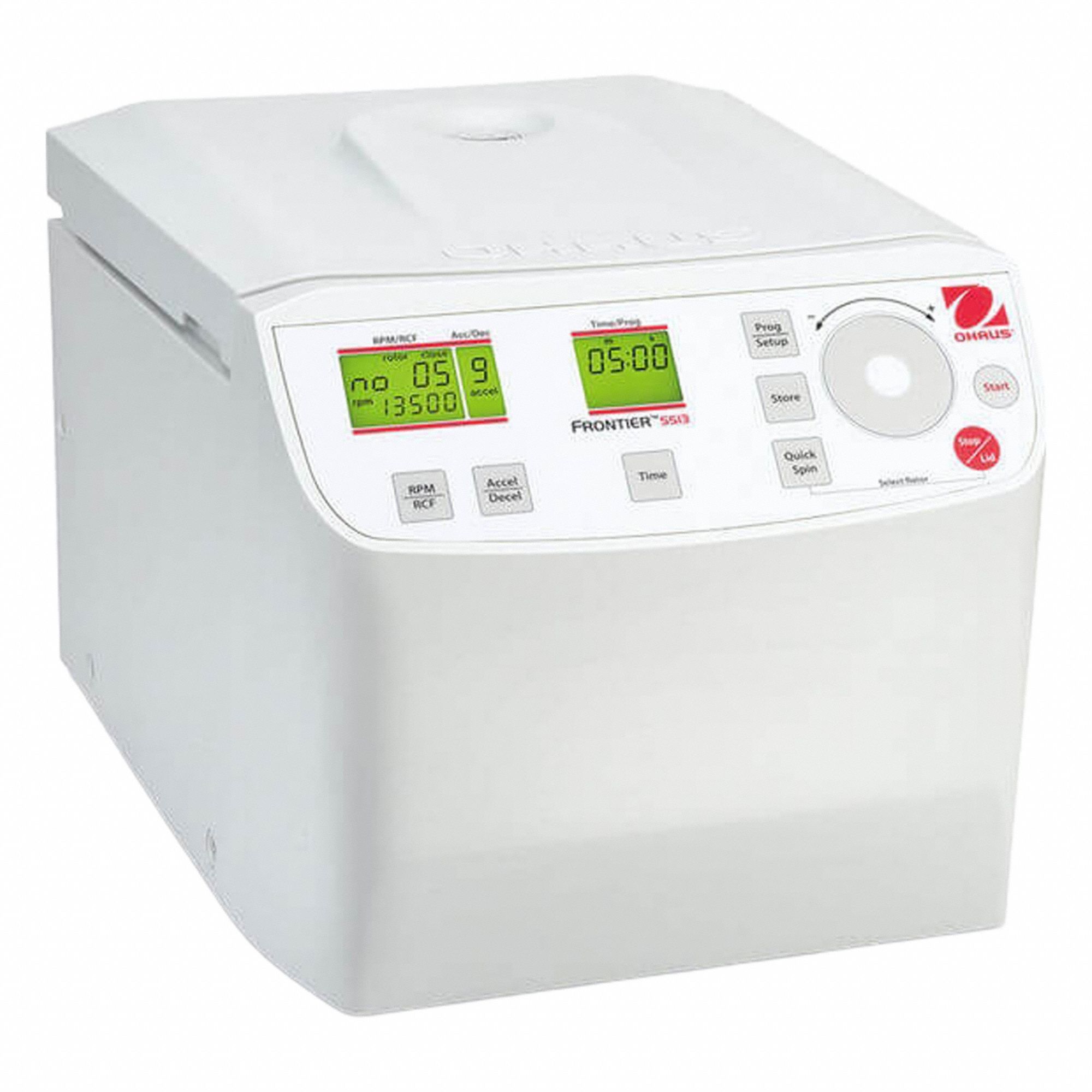 OHAUS Centrifuge: FC5513, Centrifuge, 24 x 1.5/2.0 mL, Programmable, Variable, Digital, Benchtop. Key specifications — Rotor Type: Angled; Brand: OHAUS; Capacity: 24 x 1.5/2.0 mL; Manufacturer Part Number: FC5513; Voltage: 120 V; Display Type: Digital; For Use With: DNA/RNA Preparation and Ultrafiltration; Mounting Type: Benchtop.
