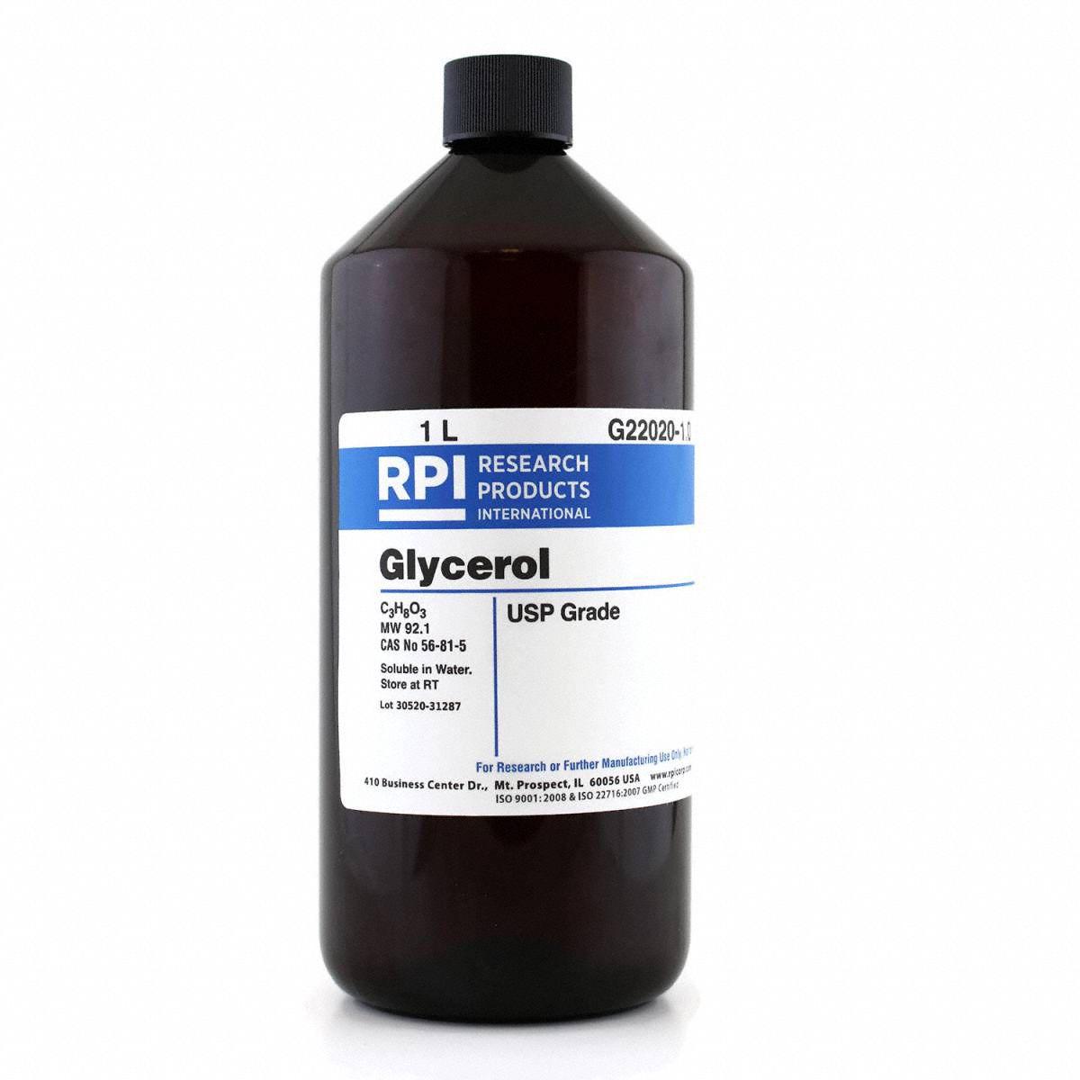 Glycerol: USP, 1 L, 56-81-5, Liquid, Plastic, 18 mo Shelf Life, 1