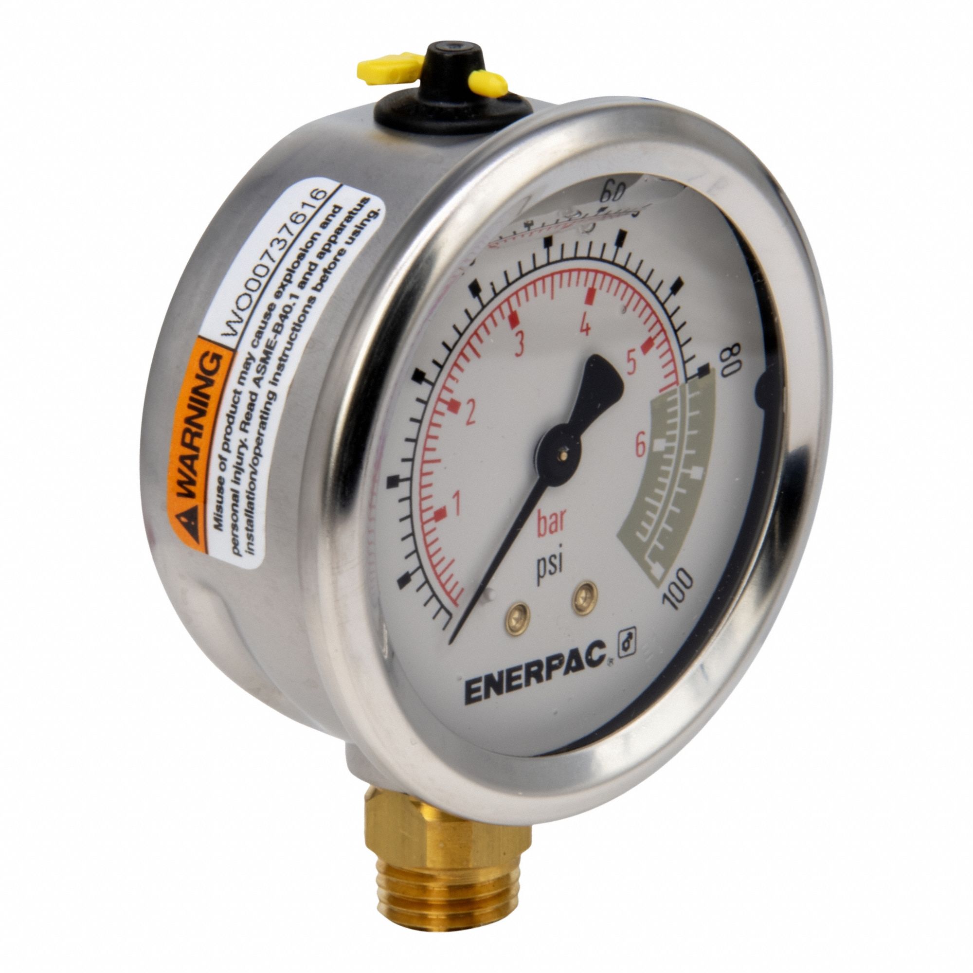 Hydraulic Pressure Gauge: 100 psi, 1/4 in NPTF, Lower Back, GA4, G