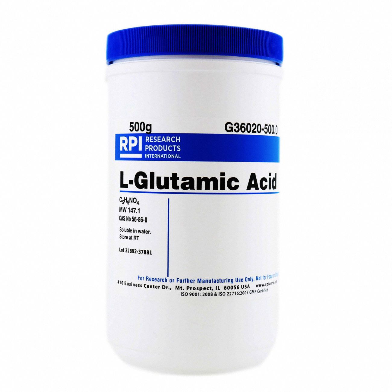 L-Glutamic Acid: Lab, 500 g, 71010-52-1, Acid, Powder, 18 mo Shelf Life, 1