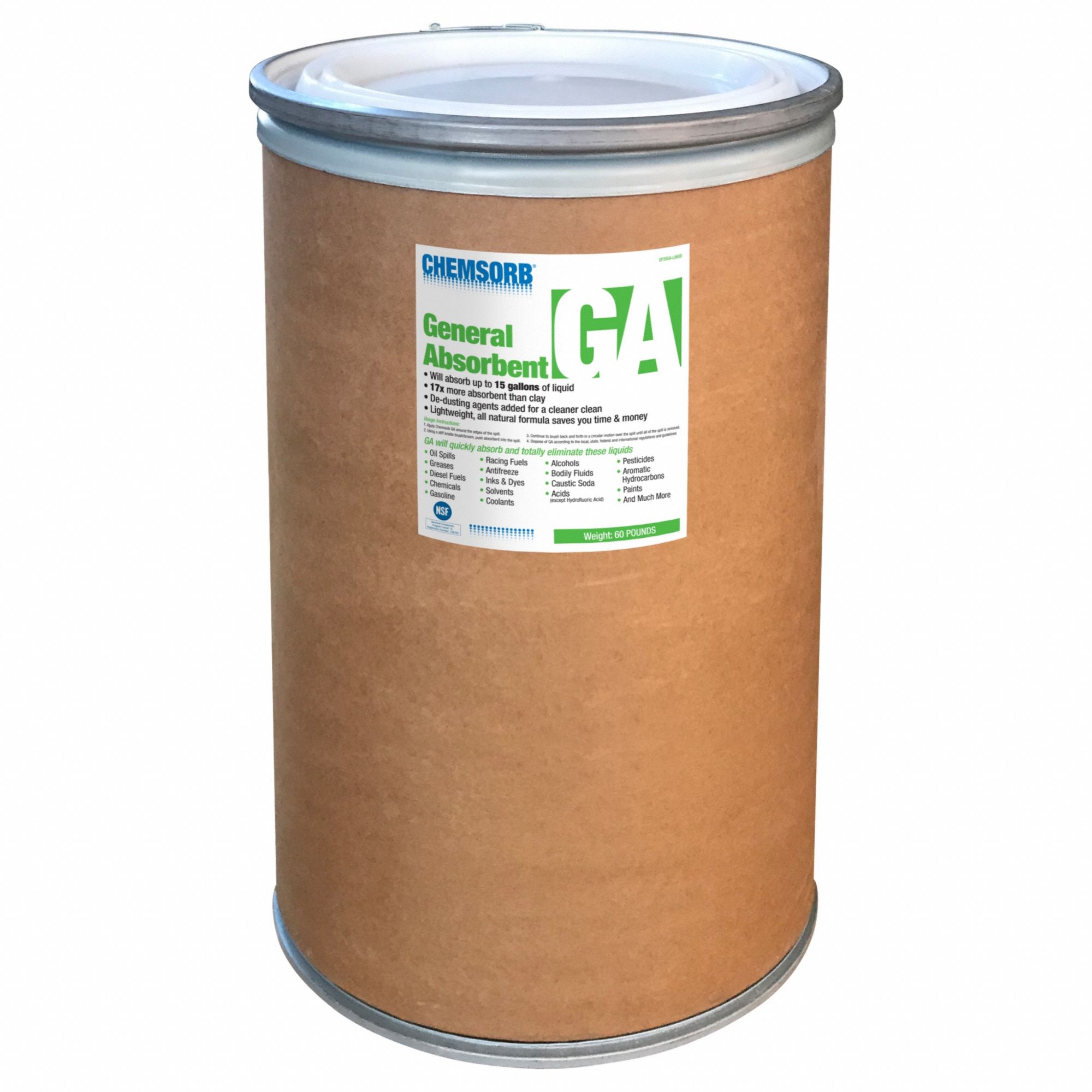 Loose Absorbent: 60 lb Volume Absorbed per Pkg., 60 lb Wt, Drum, Silica Free, Non-Abrasive