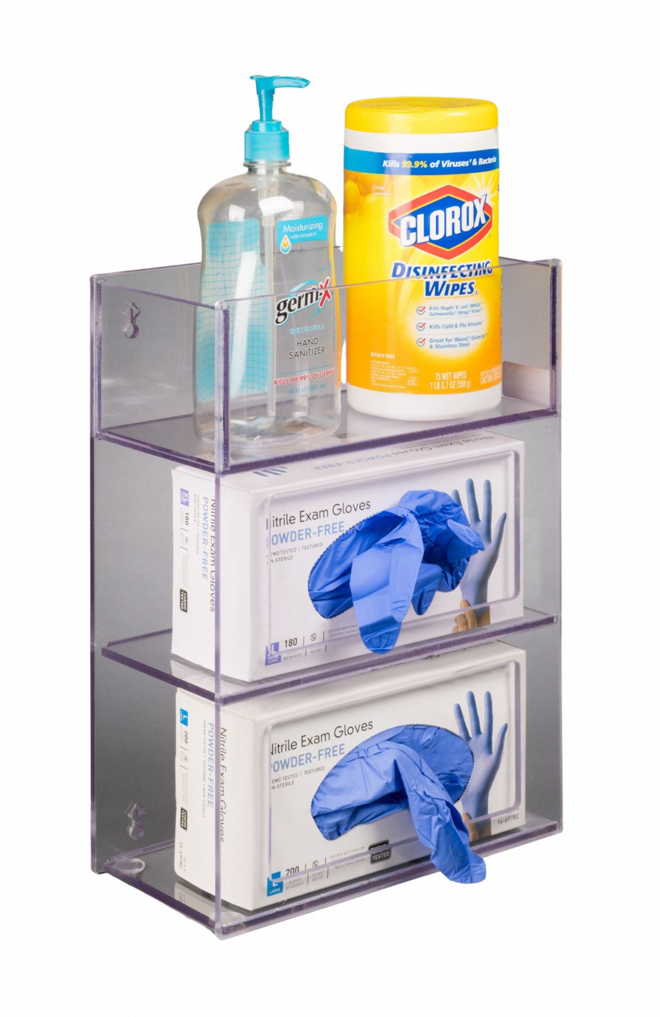 Glove Box Holder: 5 7/8 in Overall Wd, 16 in Overall Ht, 11 3/4 in Overall Lg, PETG, Clear, Wall (MPN GB2BIN-M). Key specifications — Material: PETG; Mounting Location: Wall; Color: Clear; Product Type: Two Glove Box Holder; Total Holding Capacity: (2) Glove Boxes; Brand: POLTEX.