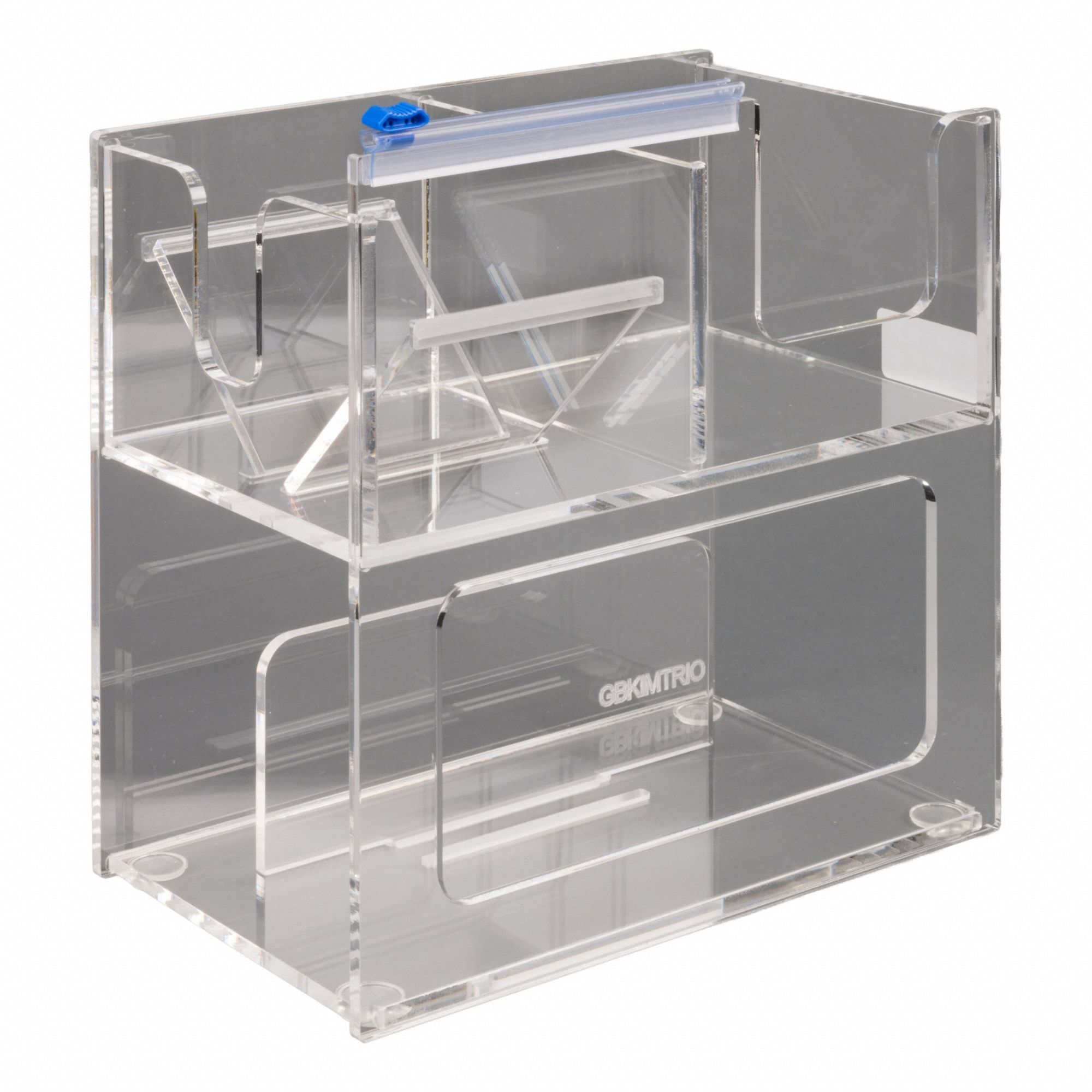 Lab Supplies Organizer: 6 1/2 in Overall Wd, 10 3/4 in Overall Ht, 11 in Overall Lg, PETG, Clear (MPN GBKIMTRIO). Key specifications — Material: PETG; Mounting Location: Benchtop; Color: Clear; Product Type: Glove Box; Total Holding Capacity: Box of Kimwipes; Brand: POLTEX.