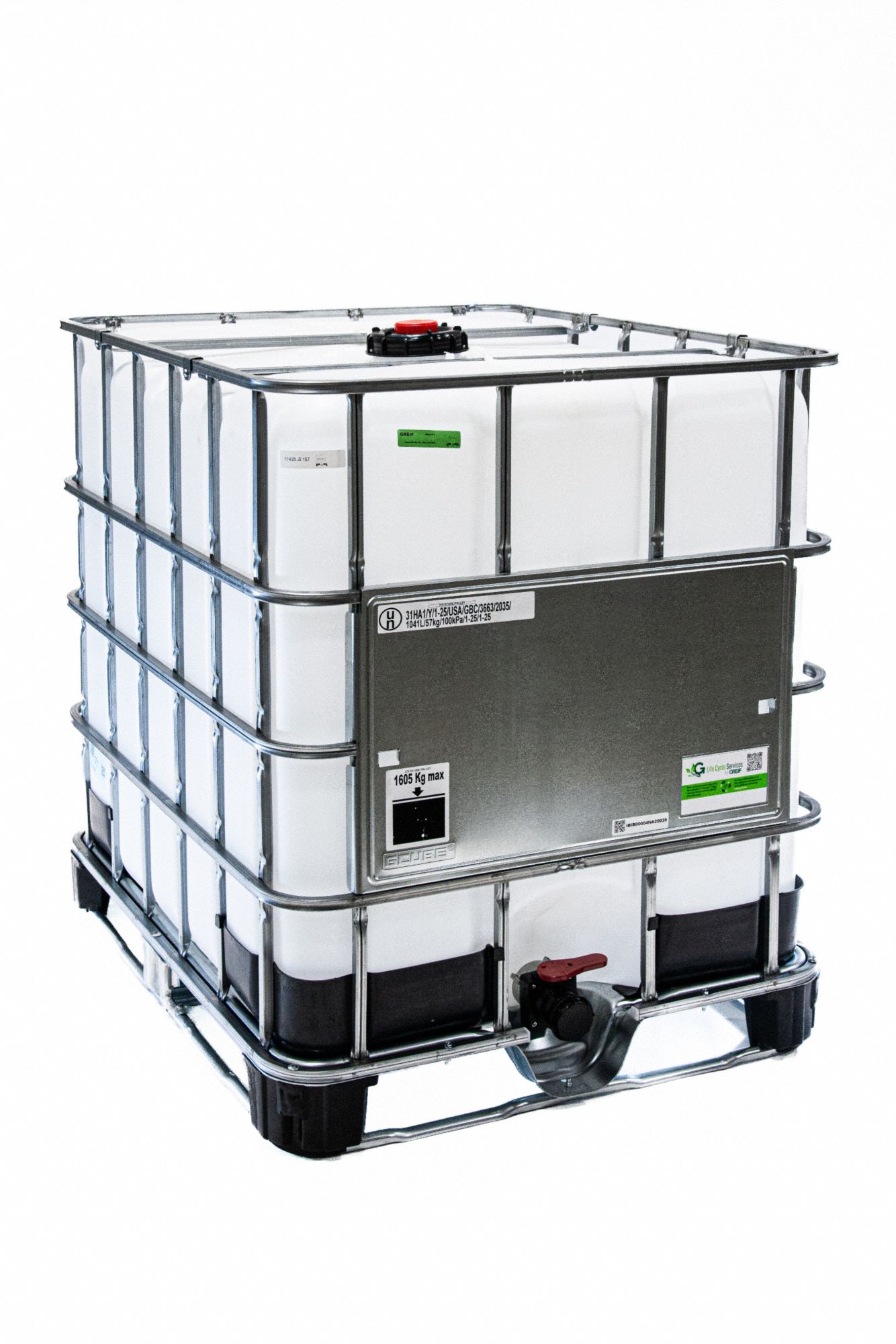 IBC Tote with Ball Valve: 39 1/4 in x 45 1/2 in x 47 1/4 in, GC275BVN428, 2 in Drain, Steel