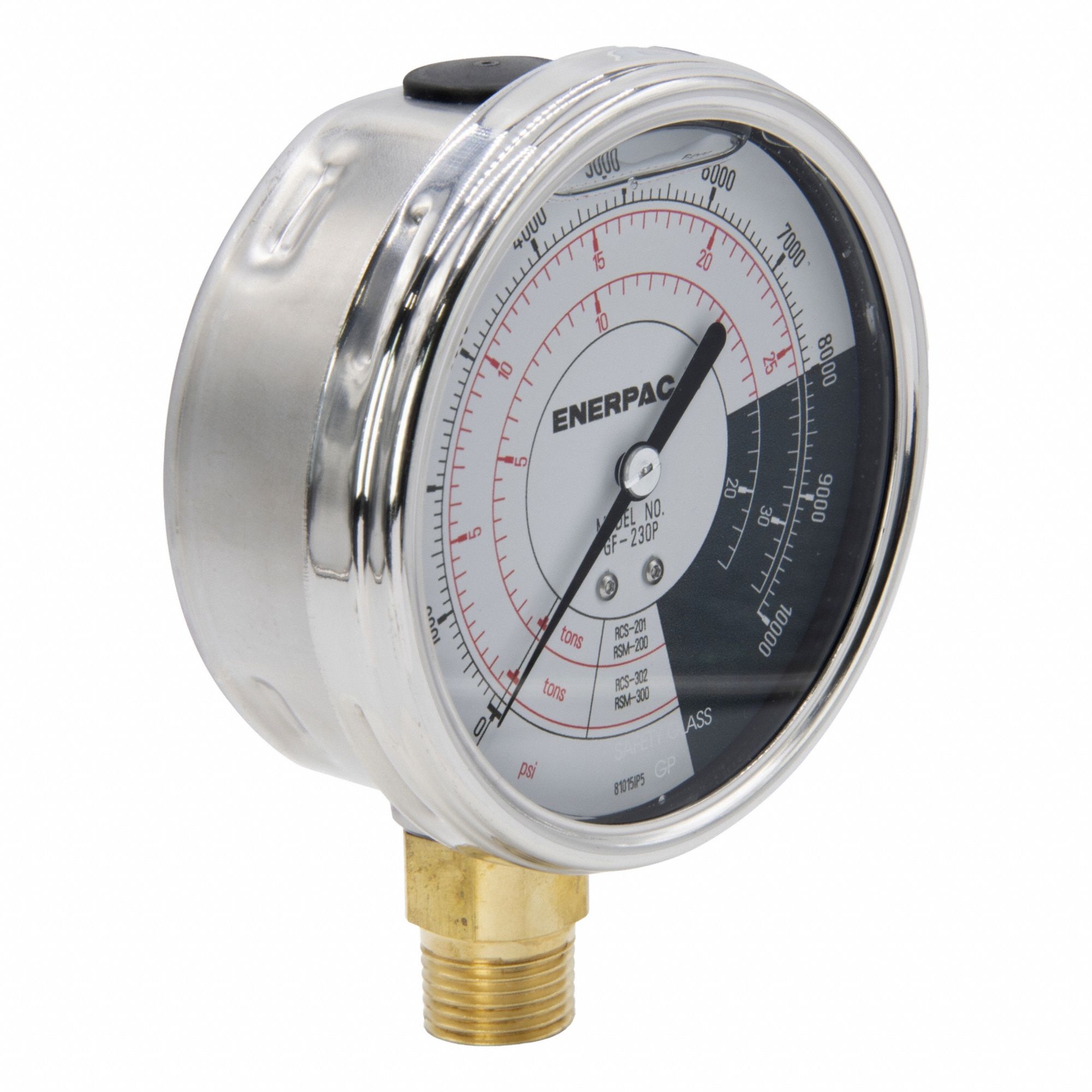 HYDRAULIC FORCE GAUGE, LIQUID FILLED, 10,000 PSI, 1/2 IN NPTF, LOWER BACK, GA1/GA2, GF