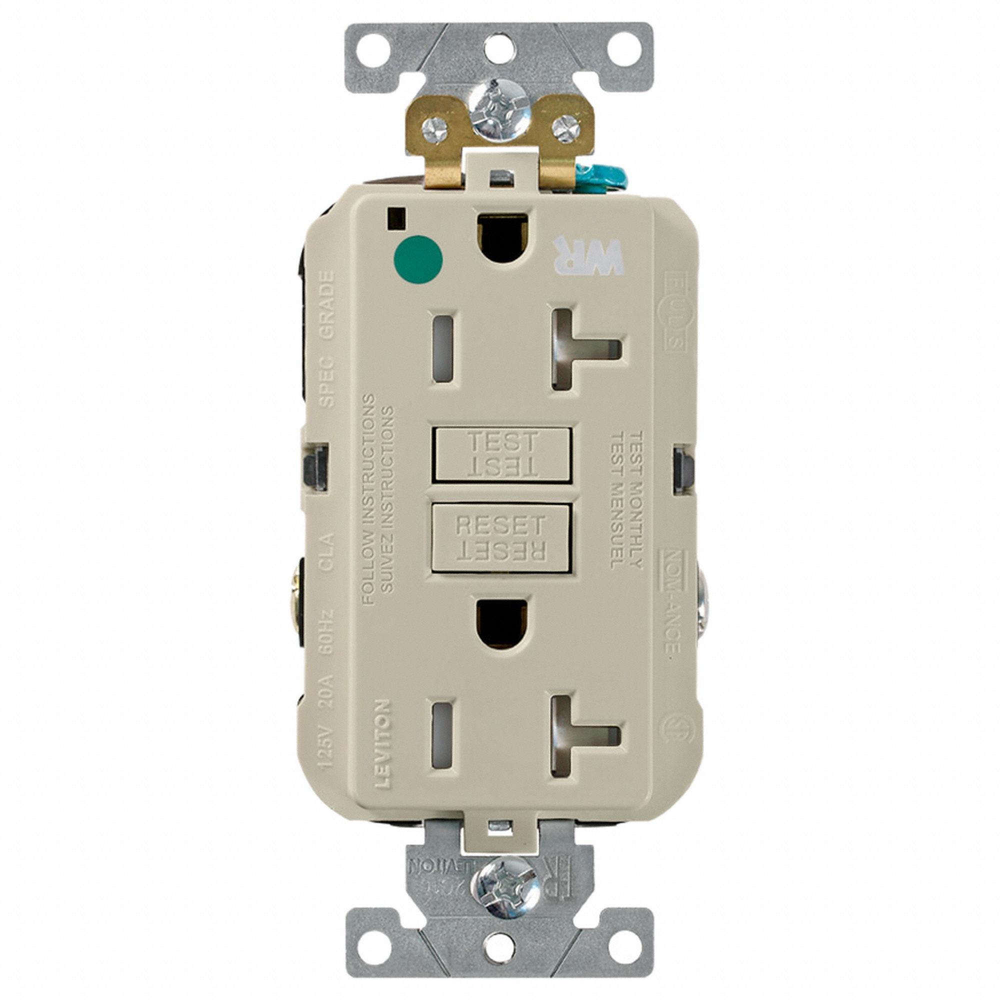 GFCI Receptacle: Decorator Duplex, 5-20R, 20 A, 125V AC, Ivory, Screw Terminals, Gen Purpose