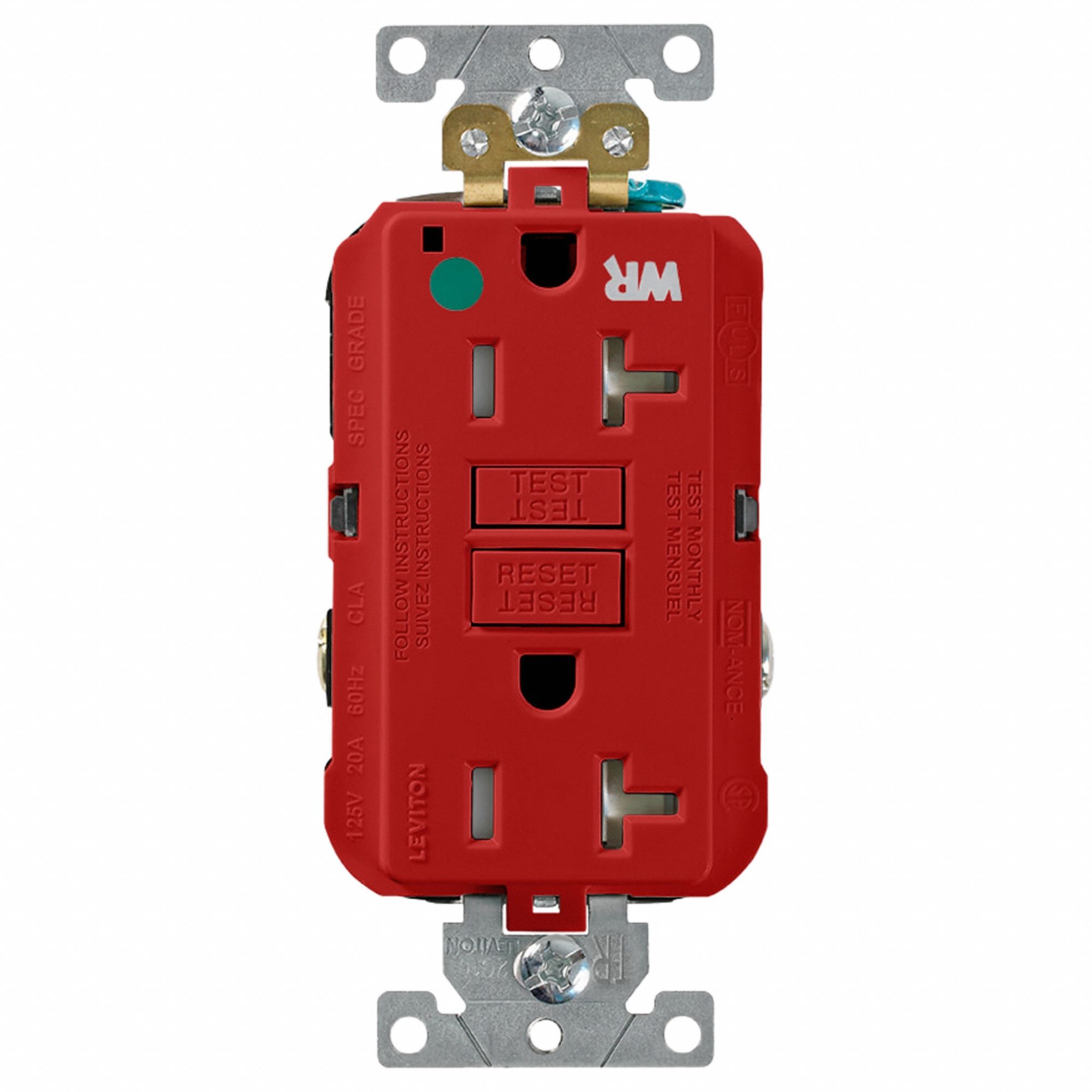 GFCI Receptacle: Decorator Duplex, 5-20R, 20 A, 125V AC, Red, 2 Pole / 3 Wire Poles & Wires