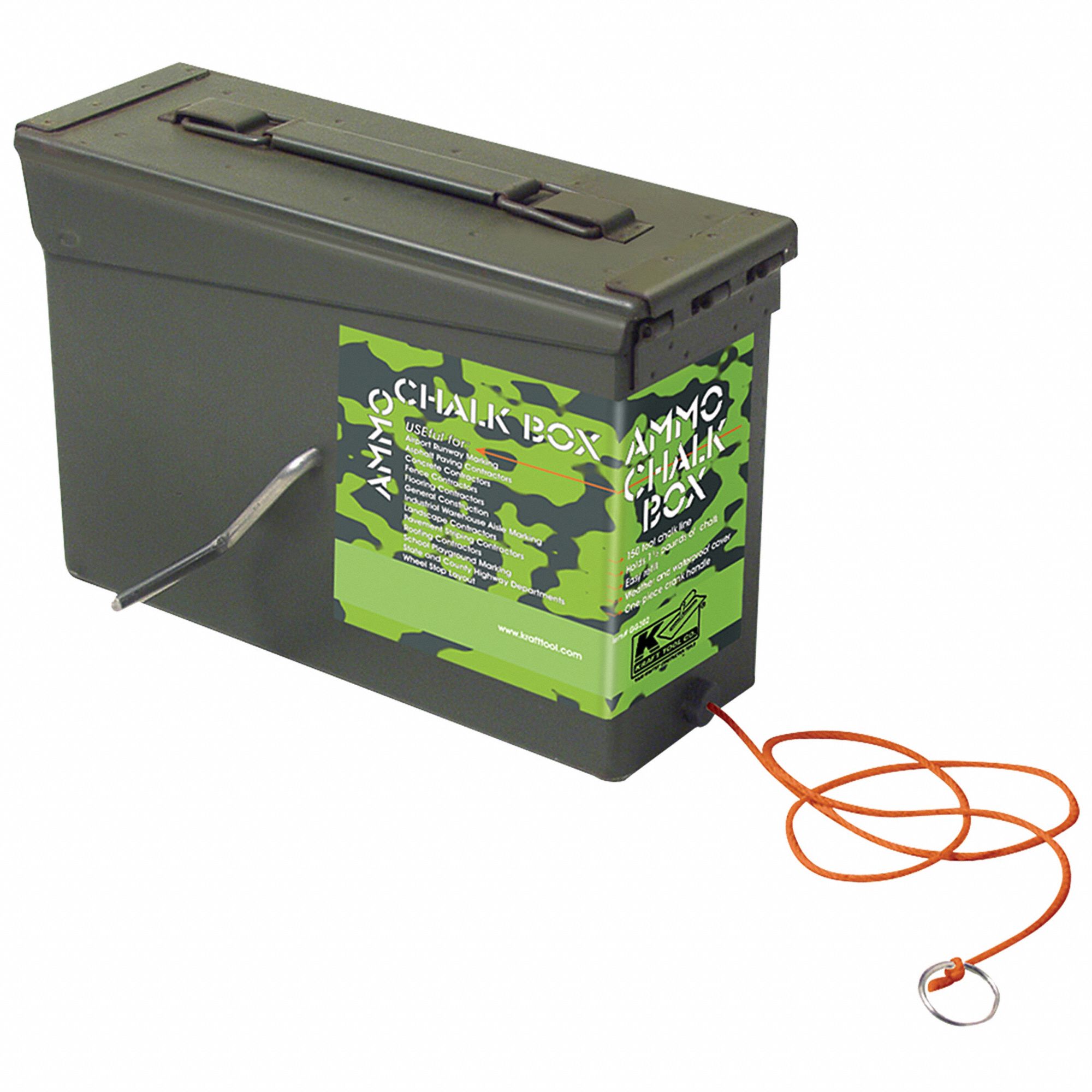 Kraft Tool Gg302 Chalk Line Box, 150 ft, Poly Cord, Camo Grn
