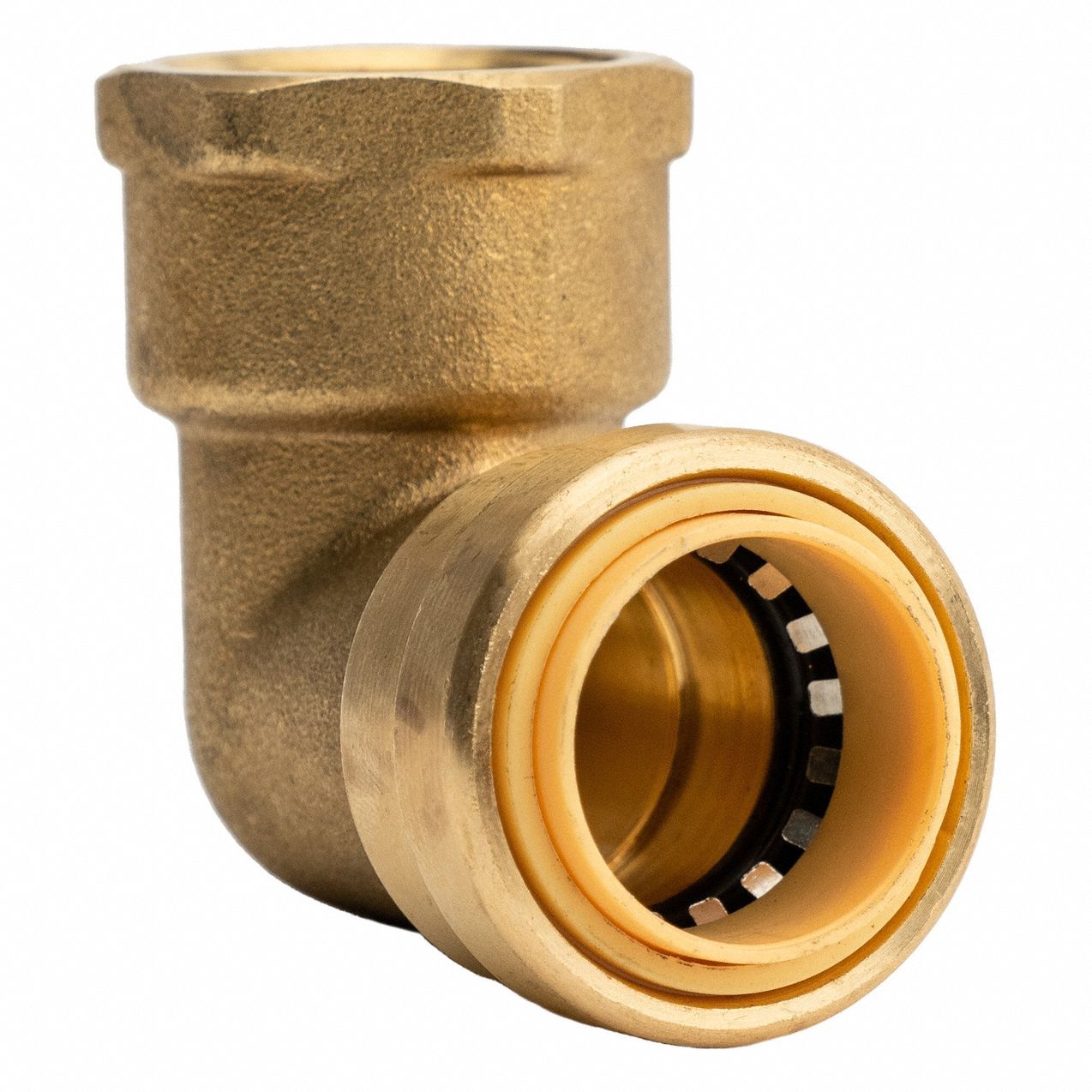 Push-Fit Elbow Fitting: 3/4 in OD x 3/4 in Pipe Size, Push-to-Connect x FNPT, Brass
