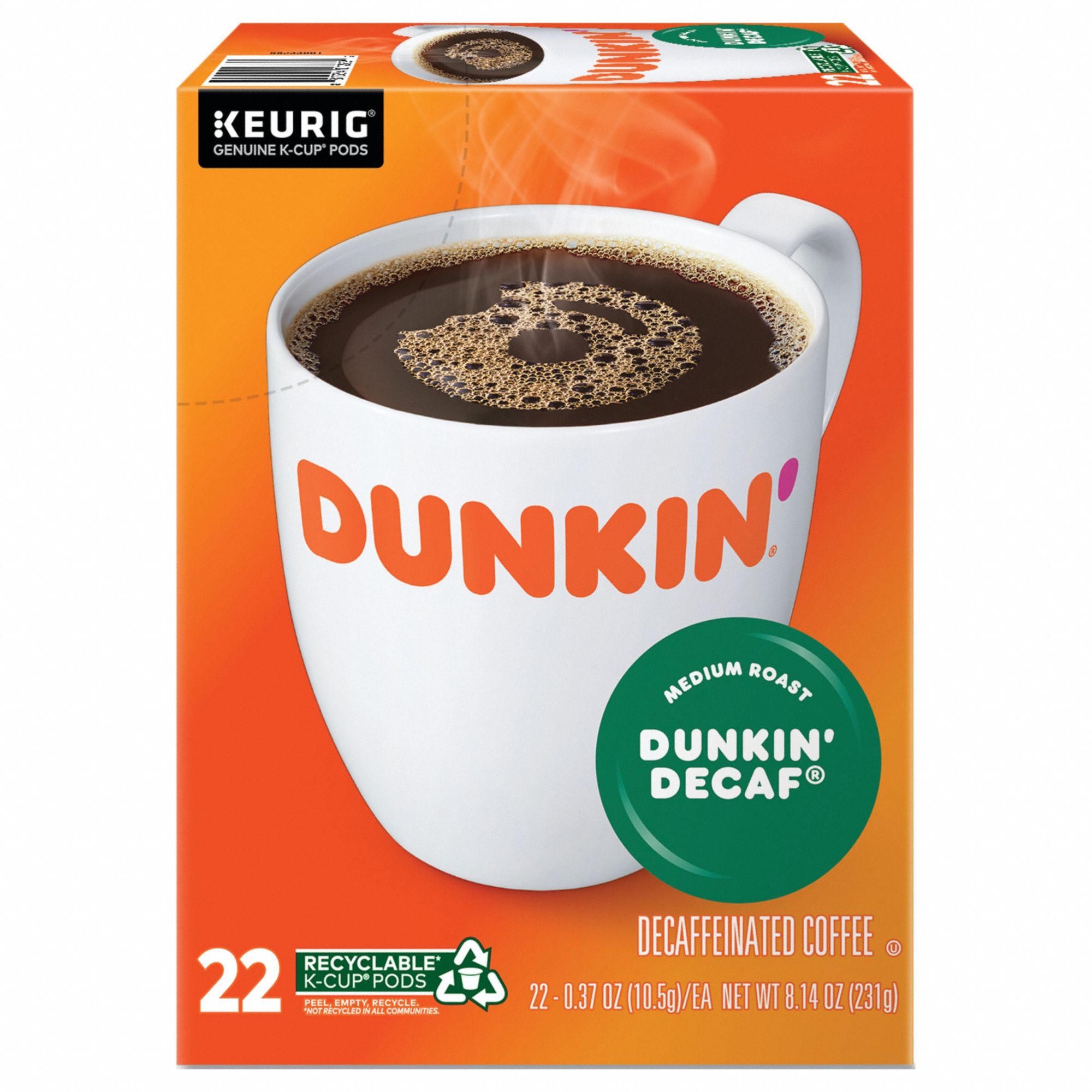 Coffee K-Cup: Decaffeinated, Dunkin' Decaf, Pod, 0.37 oz Pack Wt, Medium, 22 PK