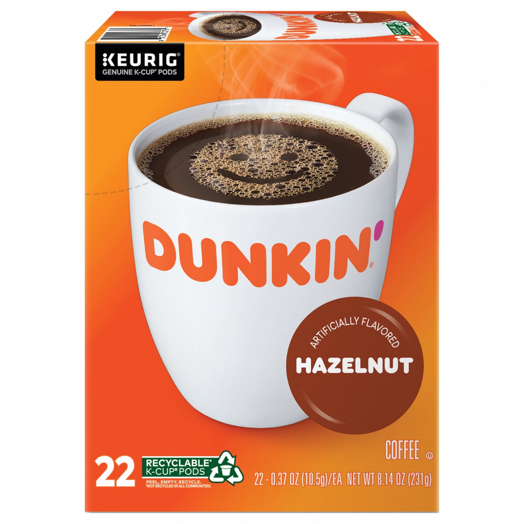 Coffee K-Cup: Caffeinated, Hazelnut, Pod, 0.37 oz Pack Wt, 8.14 oz Net Wt, 22 PK