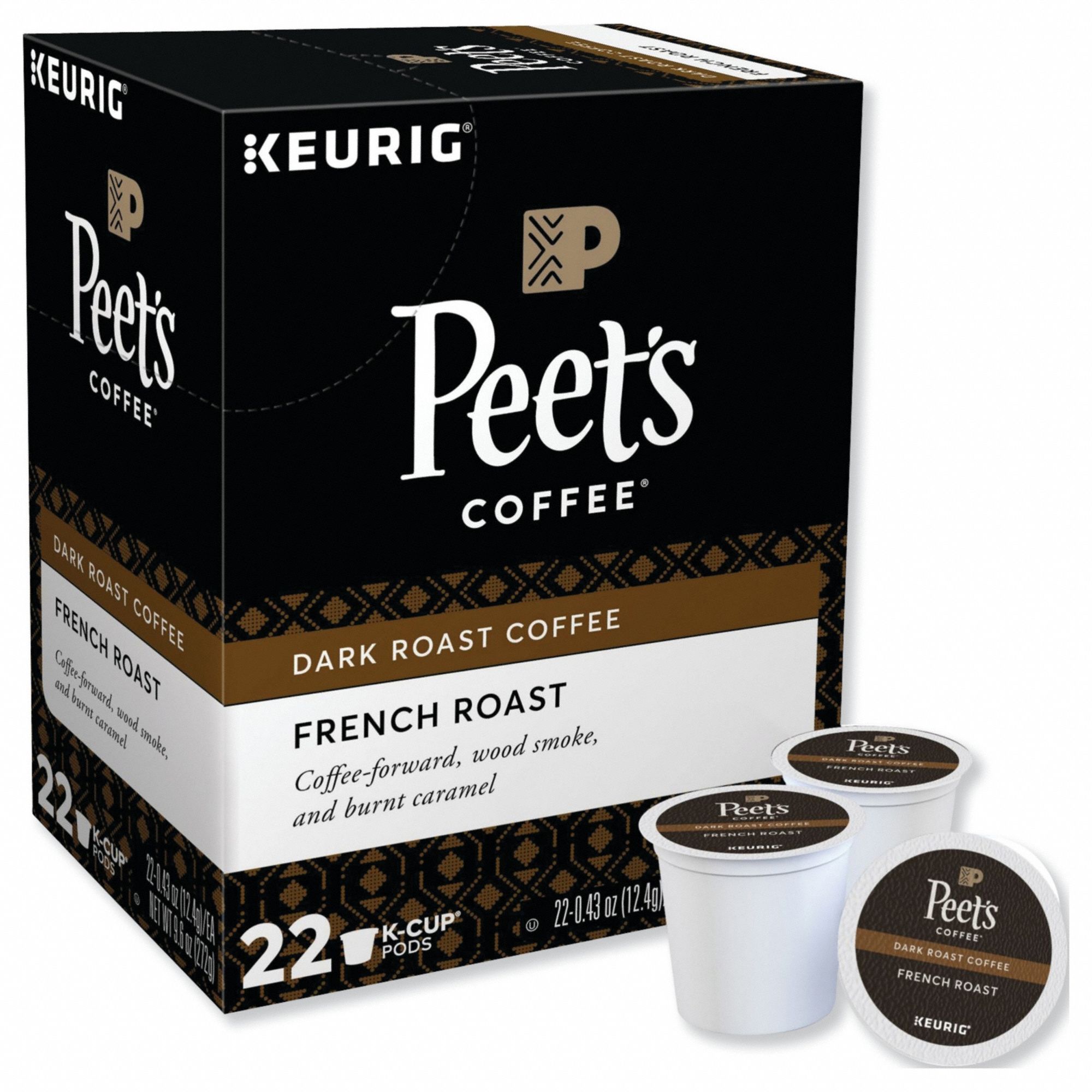 Coffee K-Cup: Caffeinated, French Roast, Pod, 0.43 oz Pack Wt, Dark, 22 PK