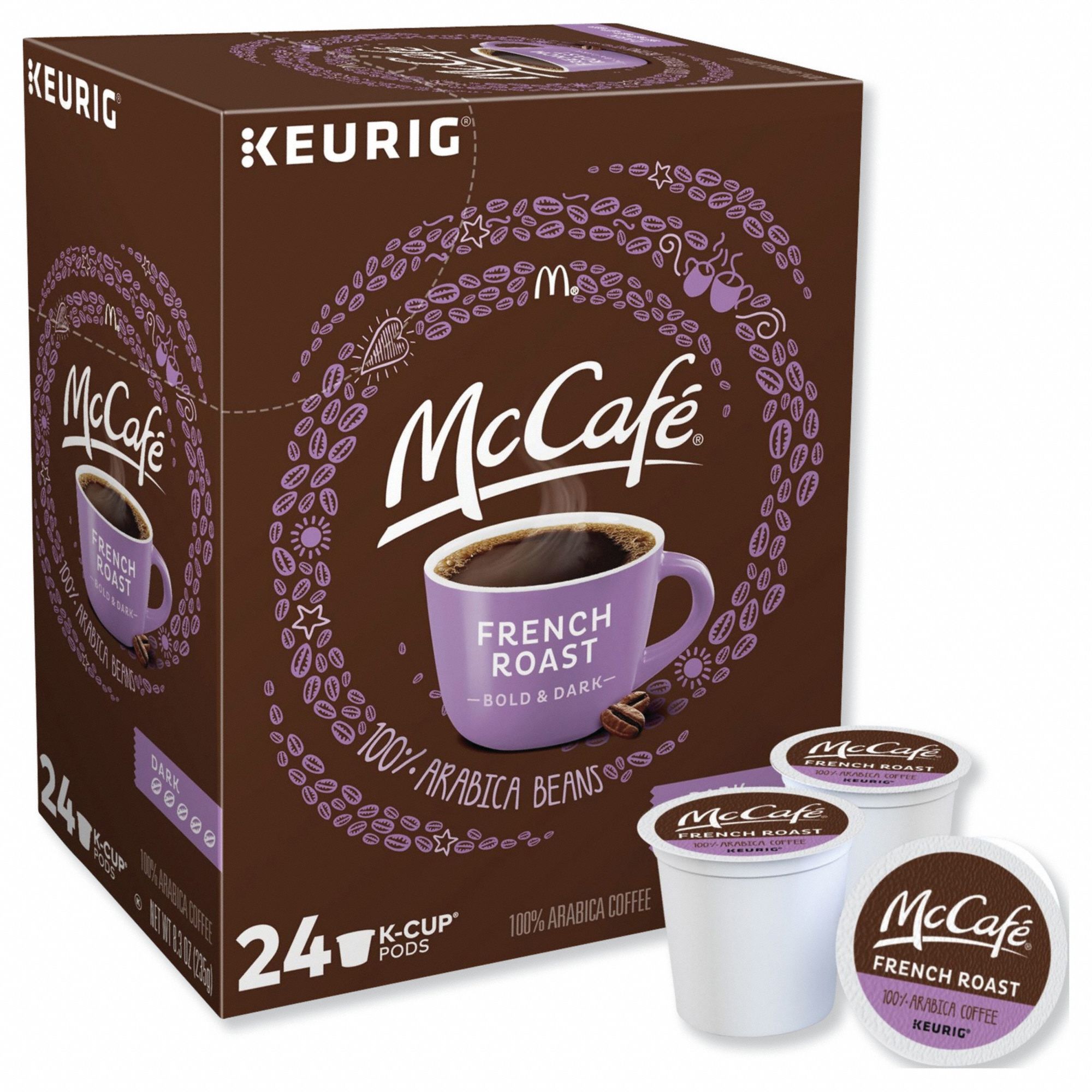 Coffee K-Cup: Caffeinated, French Roast, Pod, 0.35 oz Pack Wt, 8.3 oz Net Wt, Dark, 24 PK