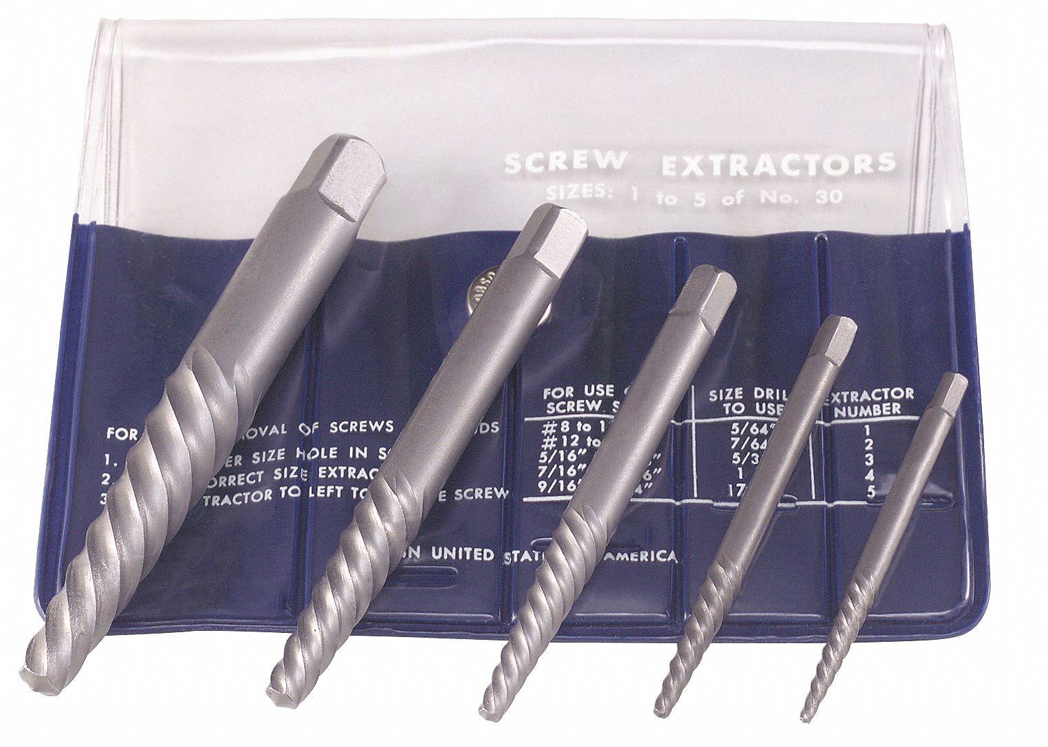 5 PIECE SPIRAL FLUTE SCREW EXTRACTOR SET, EZYOUT, #1 TO #5, FOR 3/16 TO 3/4 IN SCREWS