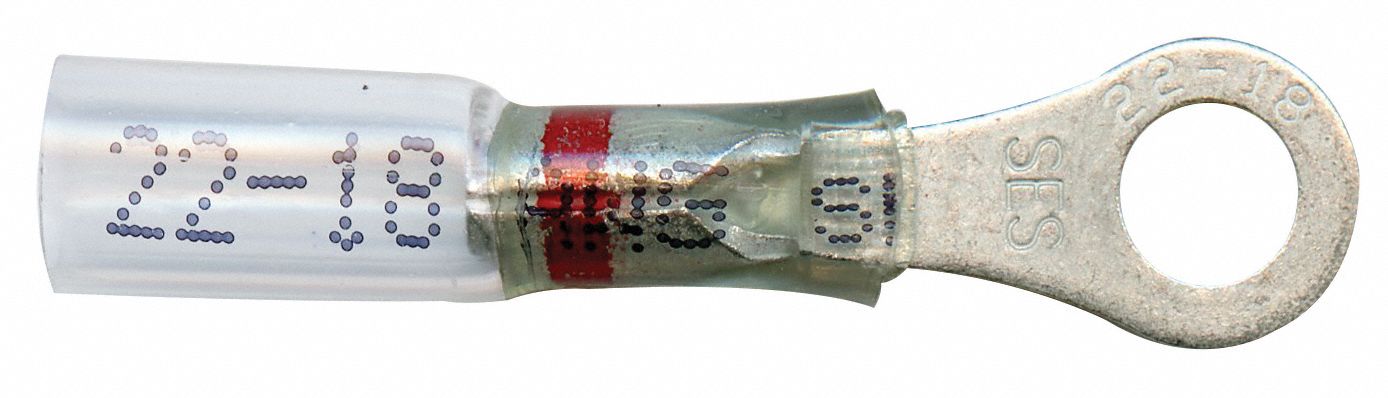 RING TERMINAL, 600V MAX, -67 ° F TO 257 ° F, 18 AWG TO 22 AWG, HEAT SHRINK, 15 PK