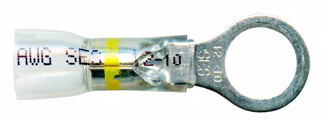 RING TERMINAL, 600V MAX, -67 ° F TO 257 ° F, 10 AWG TO 12 AWG, HEAT SHRINK, 15 PK