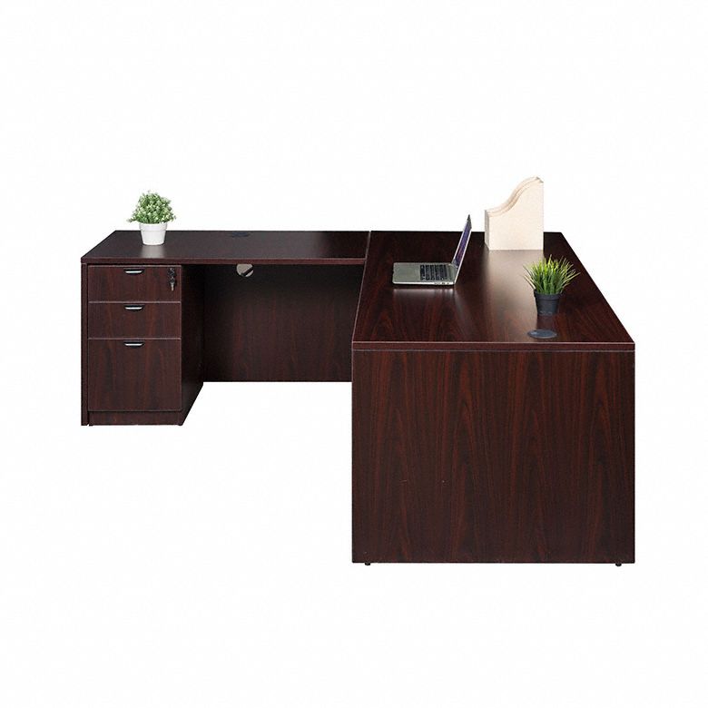 L-Shaped Office Desk: Melamine, Mahogany, 1 Pedestals, 3 Drawers, Configurable