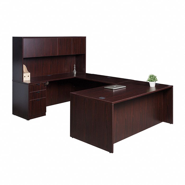 Office Furniture Kit with Fixed-Height Desk: Mahogany, 108 in Overall Wd