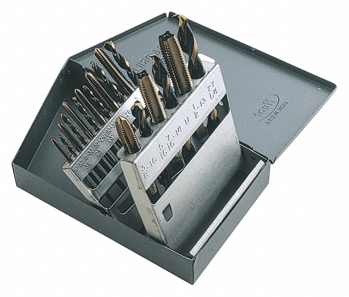 JEU DE TARAUDS ET DE FORETS,A/ TARAUDS/FORETS MARCHÉ SCNDR/COFFRET MÉTAL,2 X 4 X 1 1/4 PO,18 PC