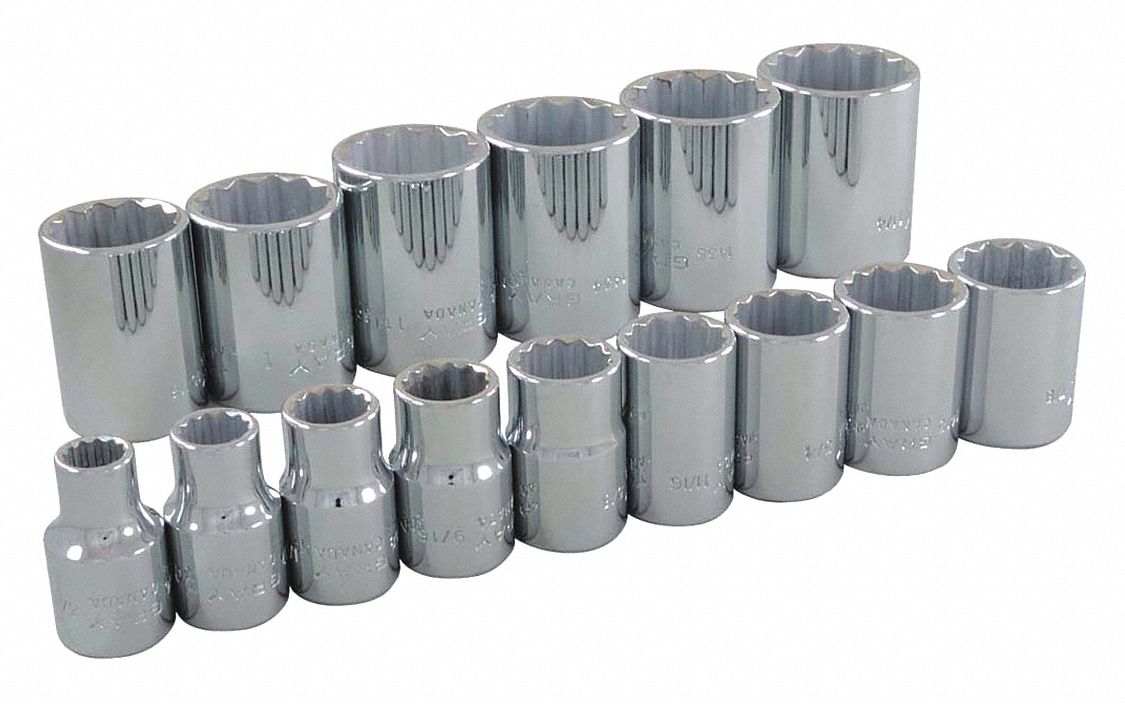 SOCKET SET 1/2INDR 12PT REG SAE 15P