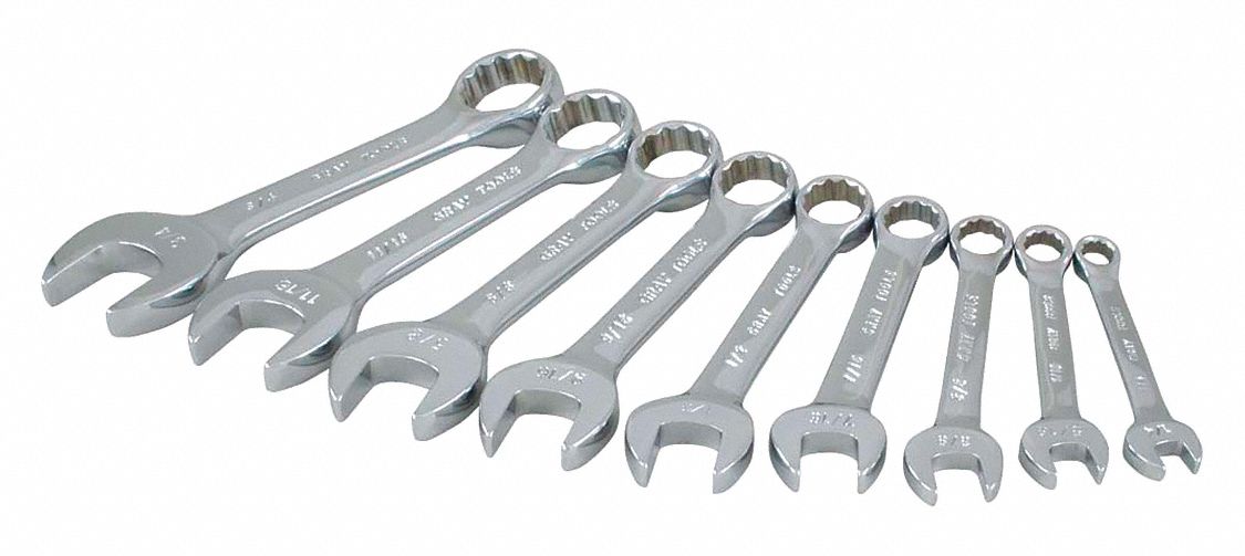 STUBBY WRENCH SET, METRIC, GREY, 12 PT, CHROME, 9 PIECE SET