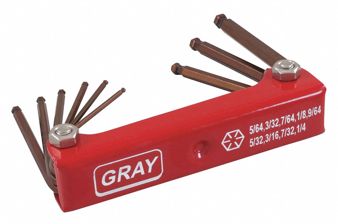 HEX KEY SET, STEEL, L-SHAPED STEEL HANDLE, 9 PIECES, SAE, CORROSION-RESISTANT, FOLDING KEY SHAPE, L